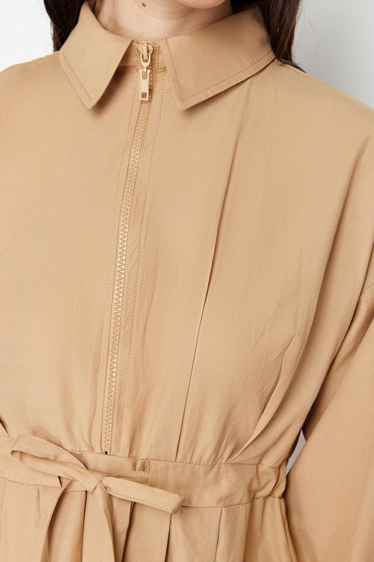 Beige Zipper Detailed Woven Dress, , large image number 3