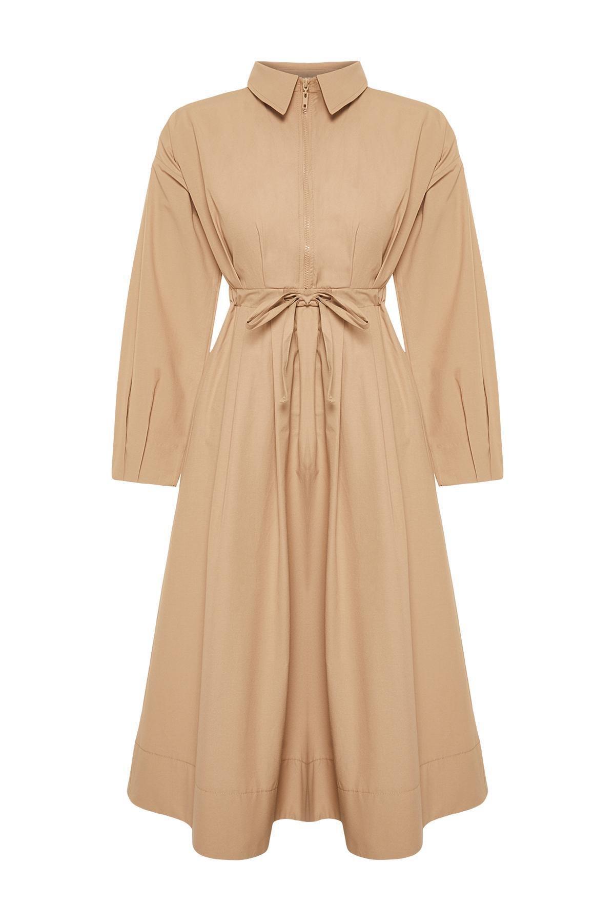 Beige Zipper Detailed Woven Dress, , large image number 5