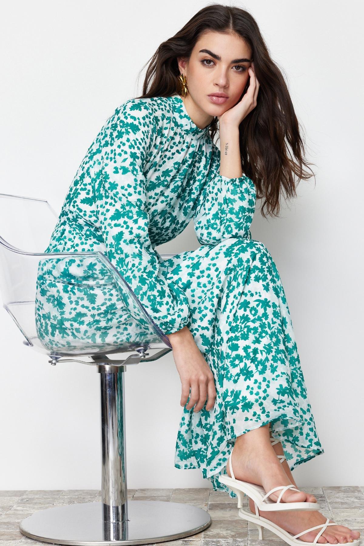 Green Lined Floral Woven Dress, , medium