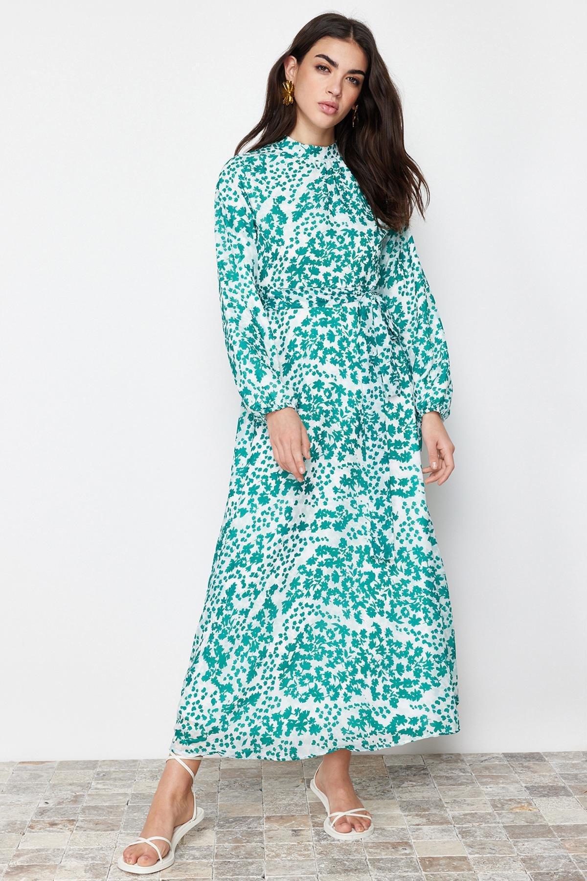 Green Lined Floral Woven Dress, , large image number 1