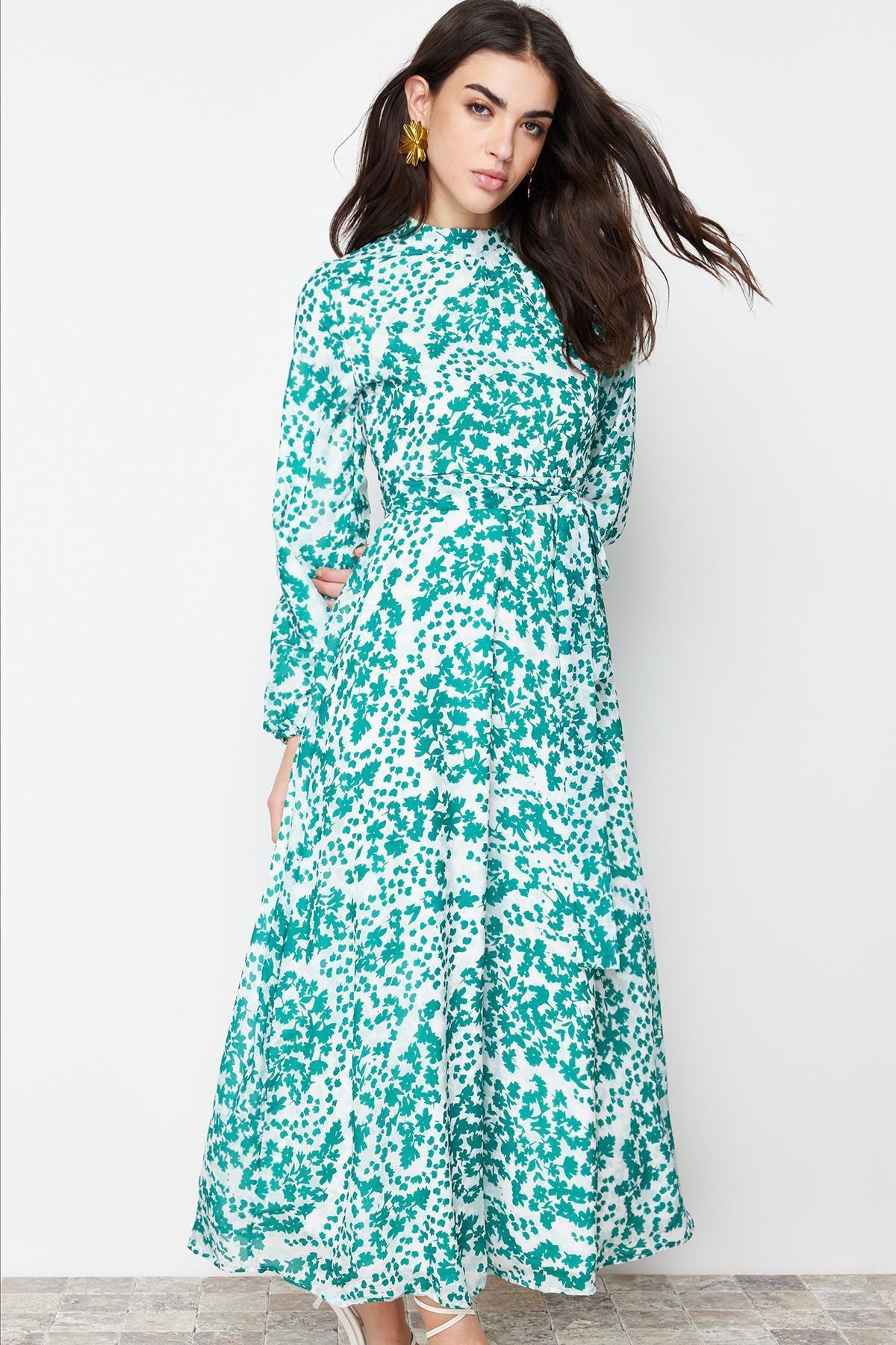 Green Lined Floral Woven Dress, , large image number 2
