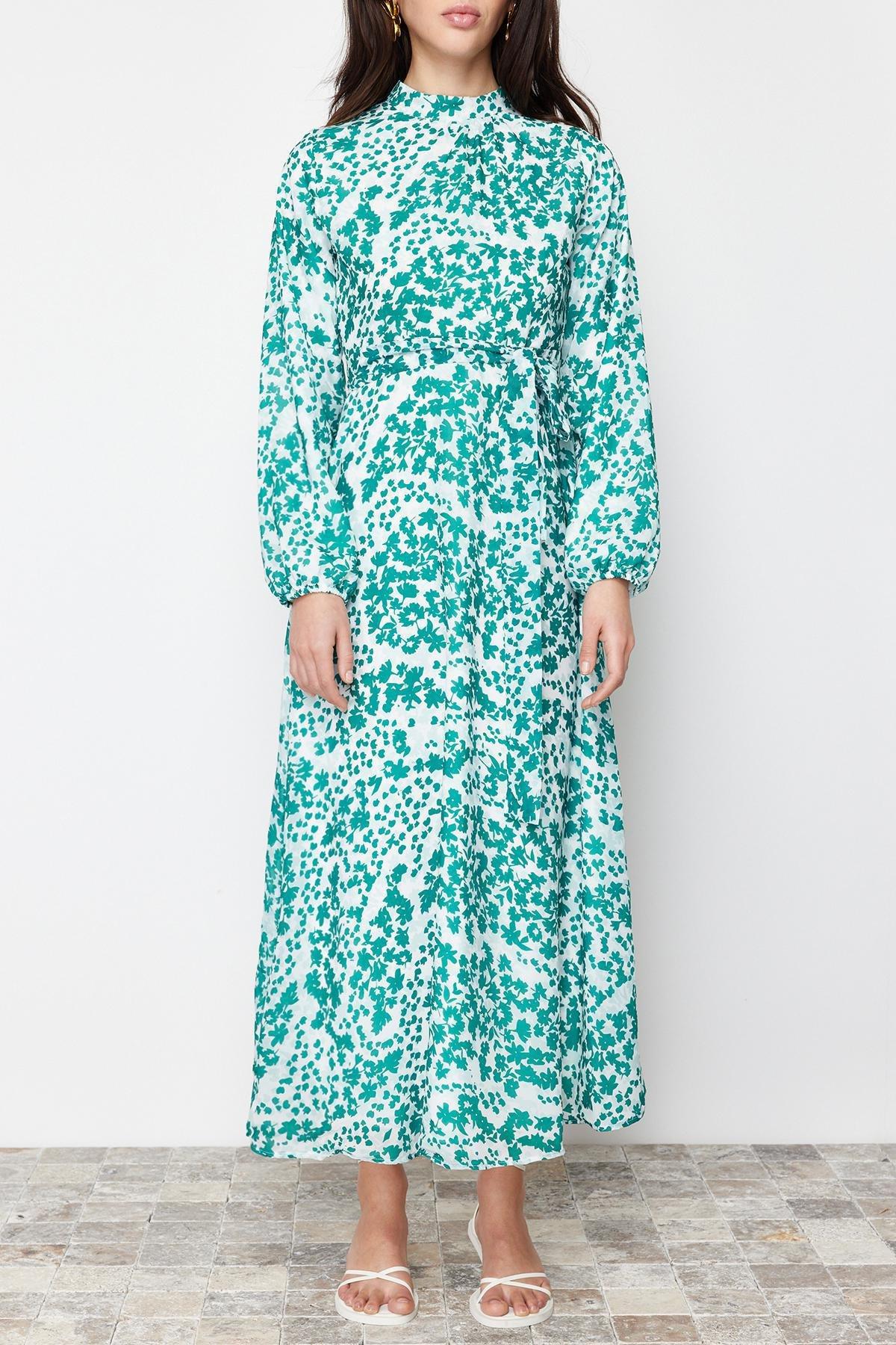 Green Lined Floral Woven Dress, , large image number 3