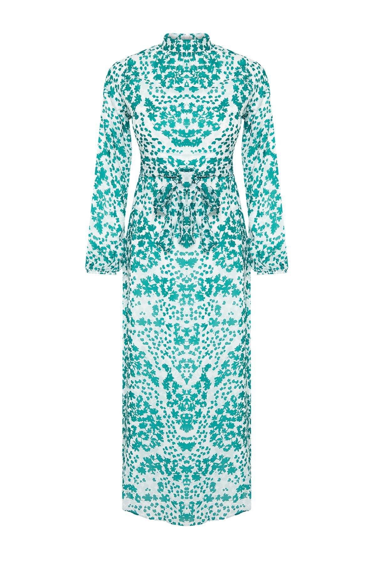 Green Lined Floral Woven Dress, , large image number 5