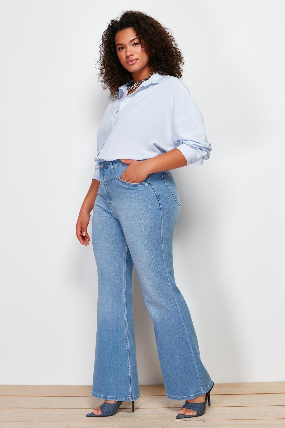 Blue Detailed Flared Denim Jeans, , large image number 6