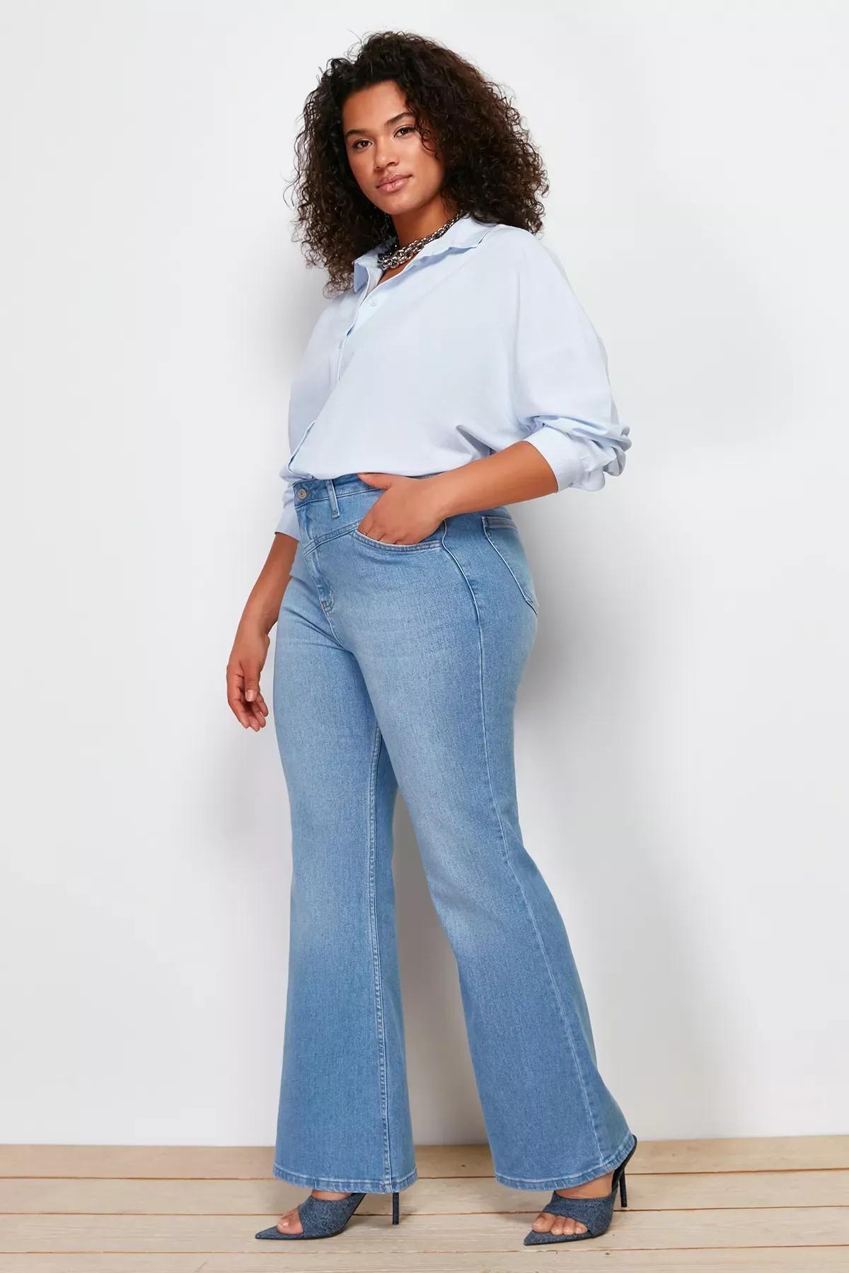 Blue Detailed Flared Denim Jeans, , large image number 6