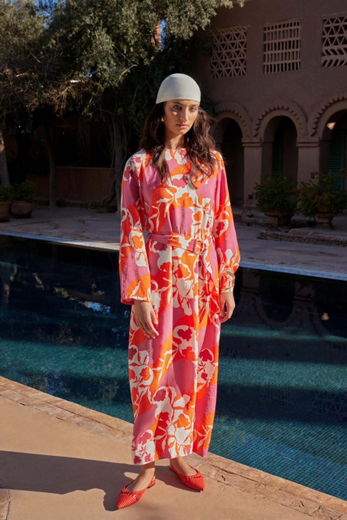 Pink Belted Floral Woven Dress, Pink, large image number 0