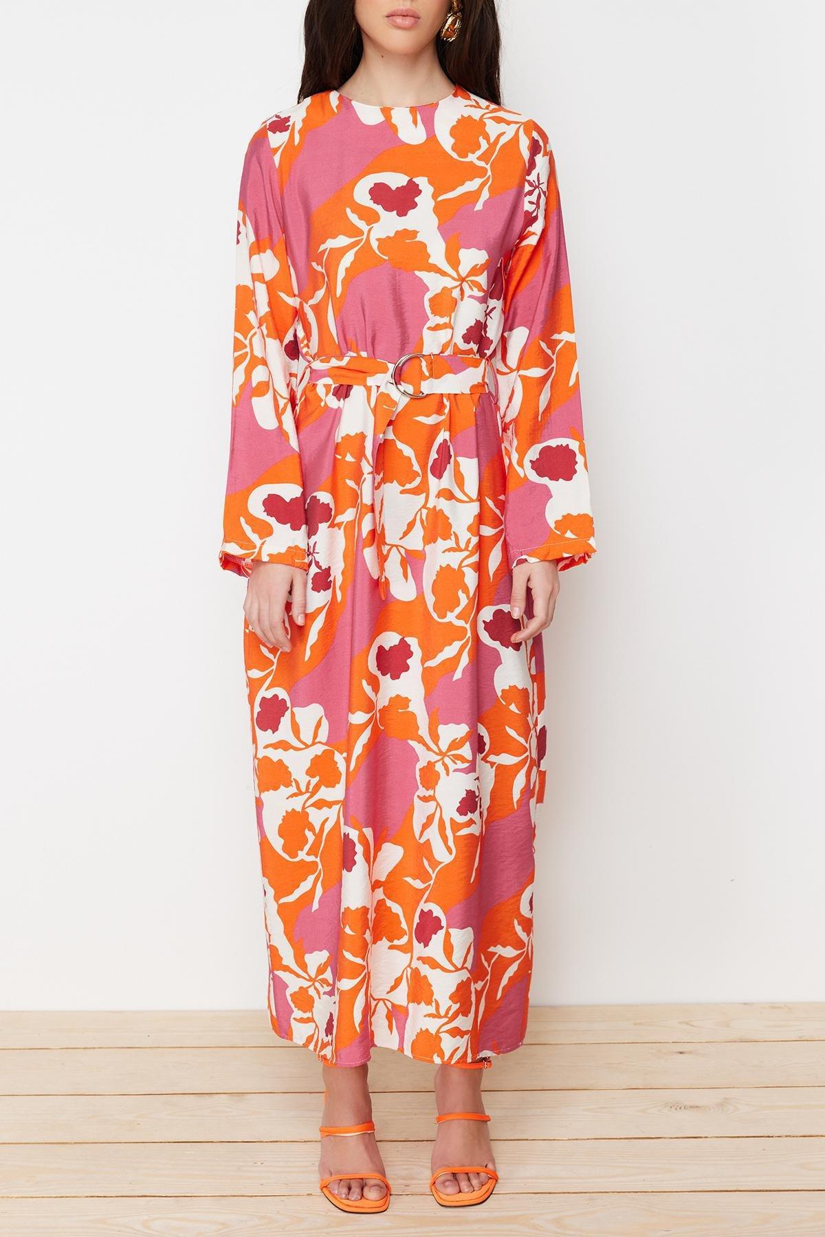 Pink Belted Floral Woven Dress, , large image number 1