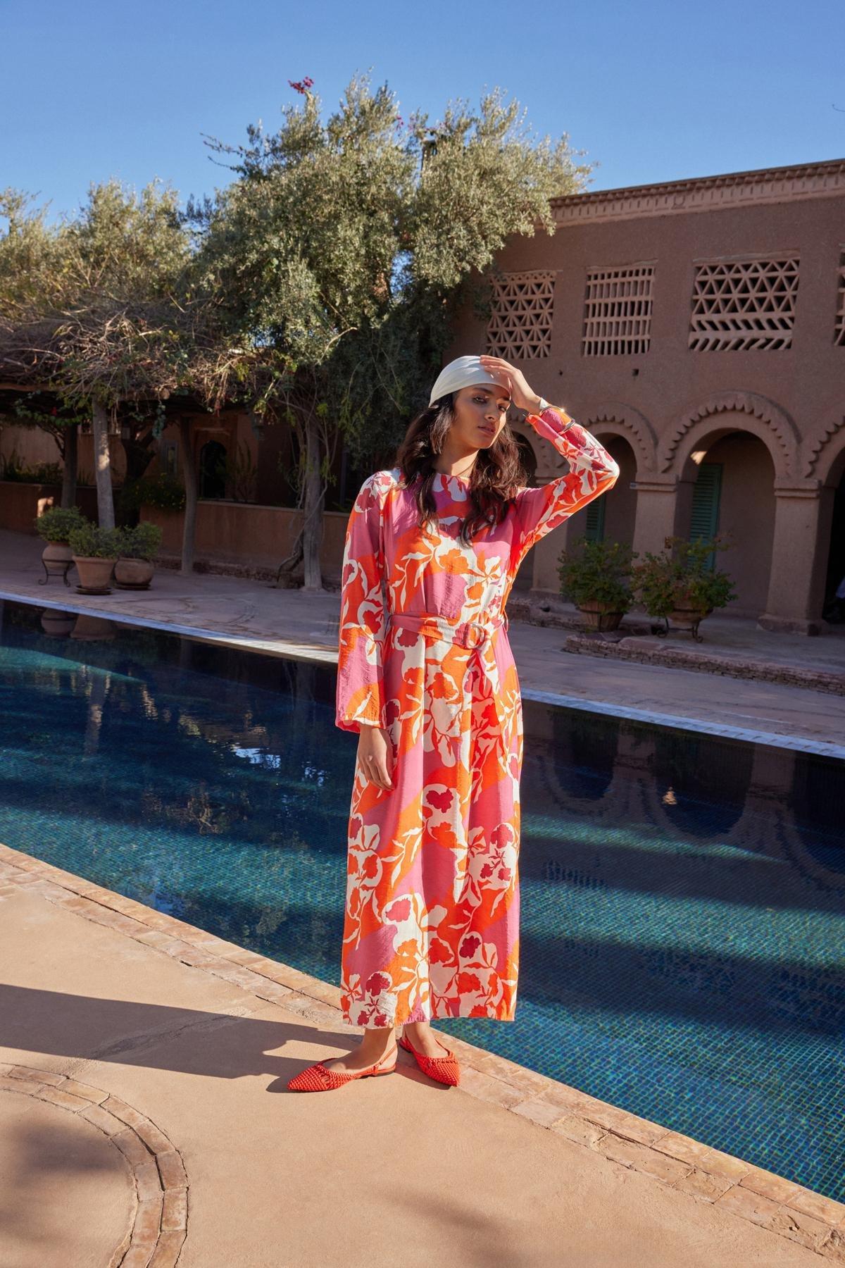 Pink Belted Floral Woven Dress, , large image number 2
