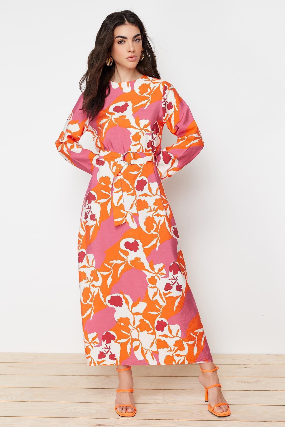 Pink Belted Floral Woven Dress, , large image number 5