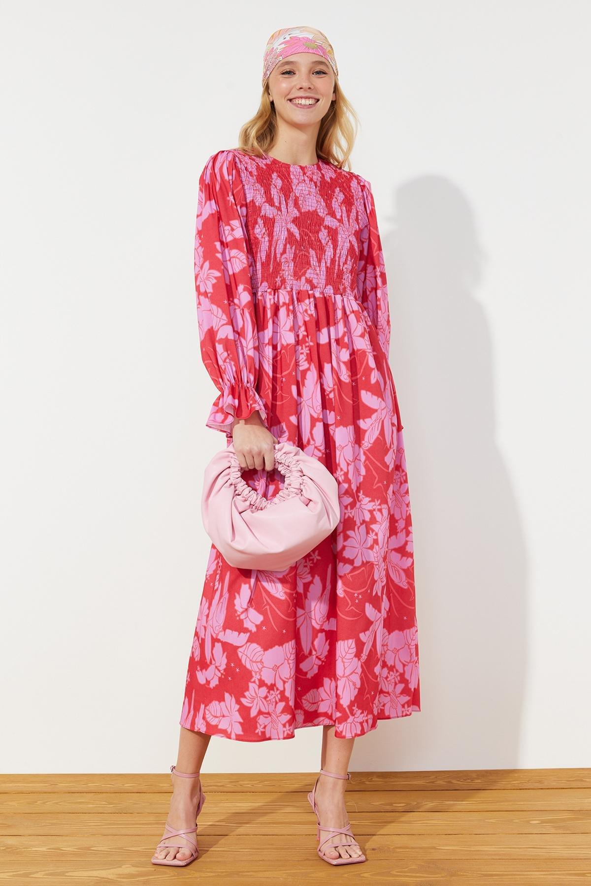 Red Floral Printed Size Gimped Woven Dress, , large image number 0