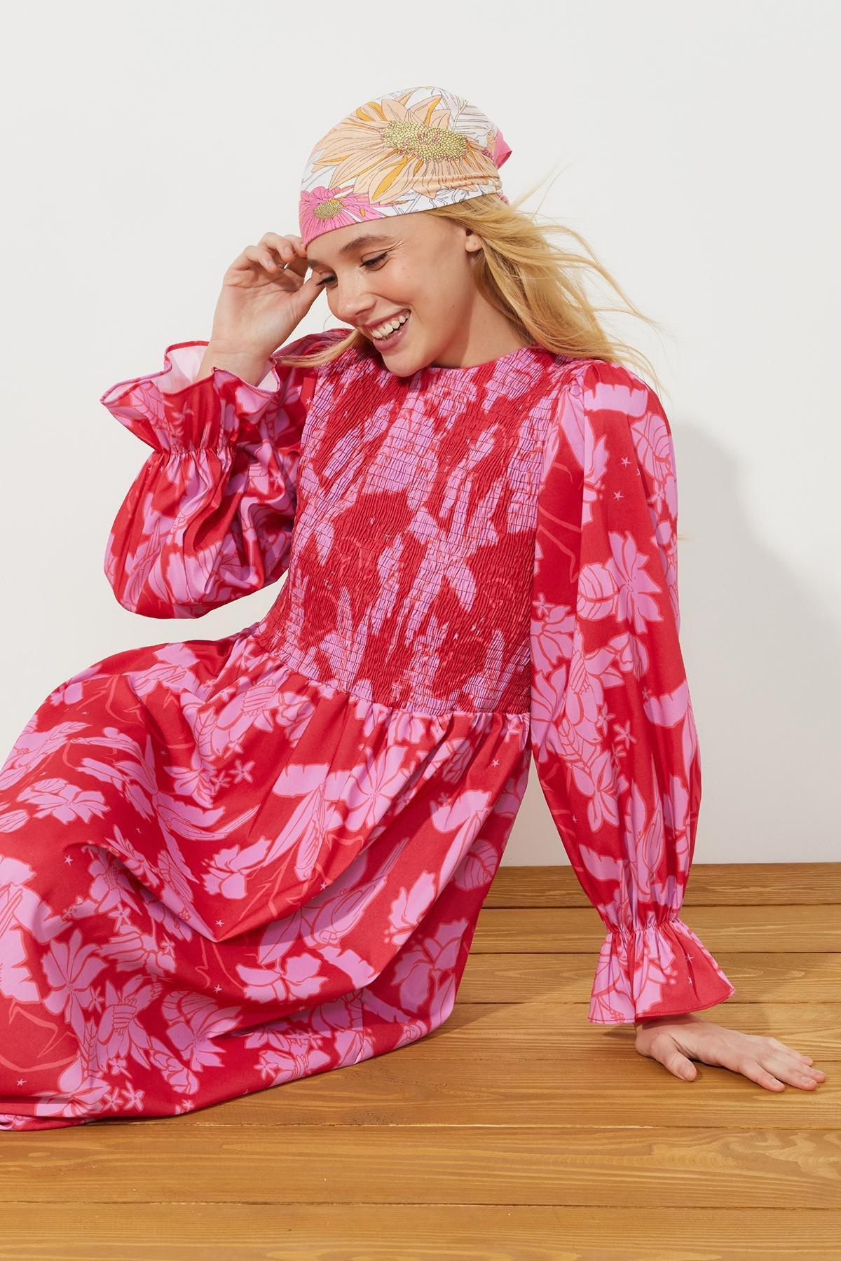 Red Floral Printed Size Gimped Woven Dress, , large image number 1