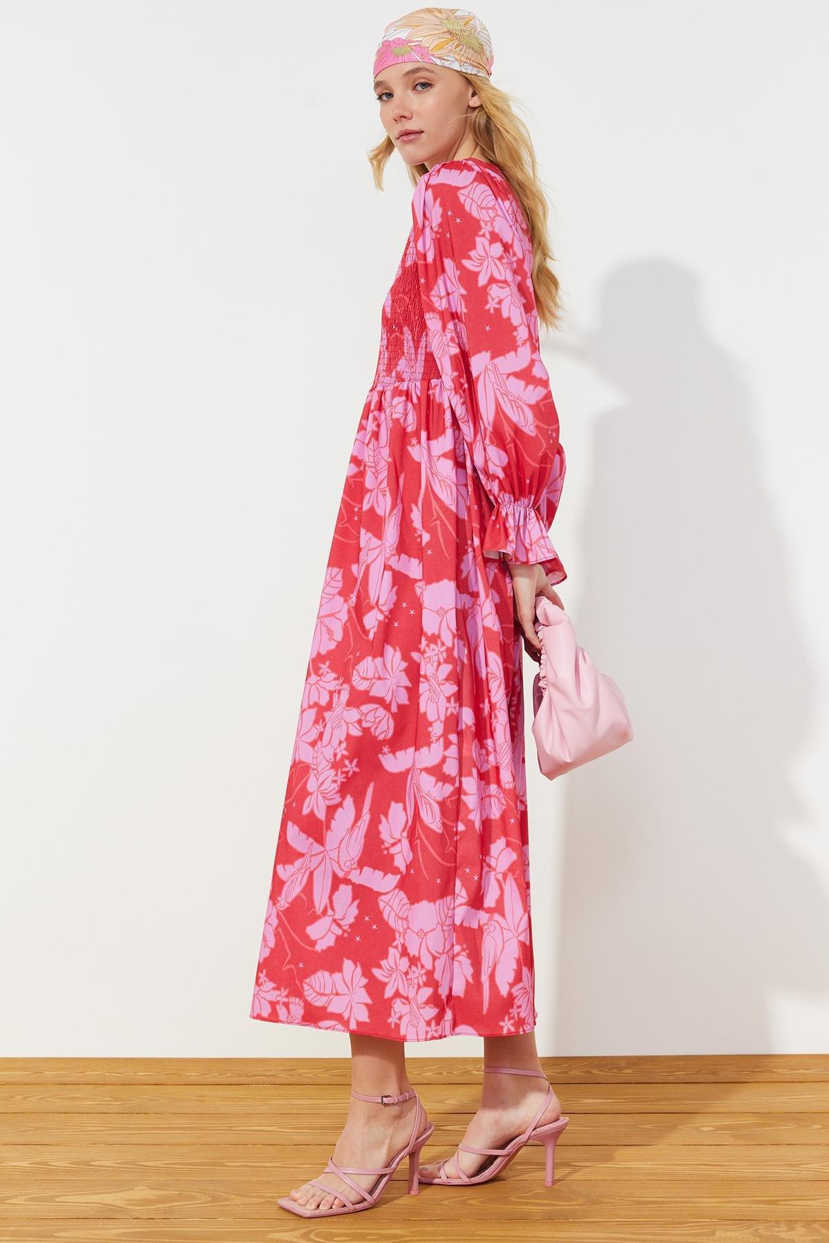 Red Floral Printed Size Gimped Woven Dress, , large image number 2