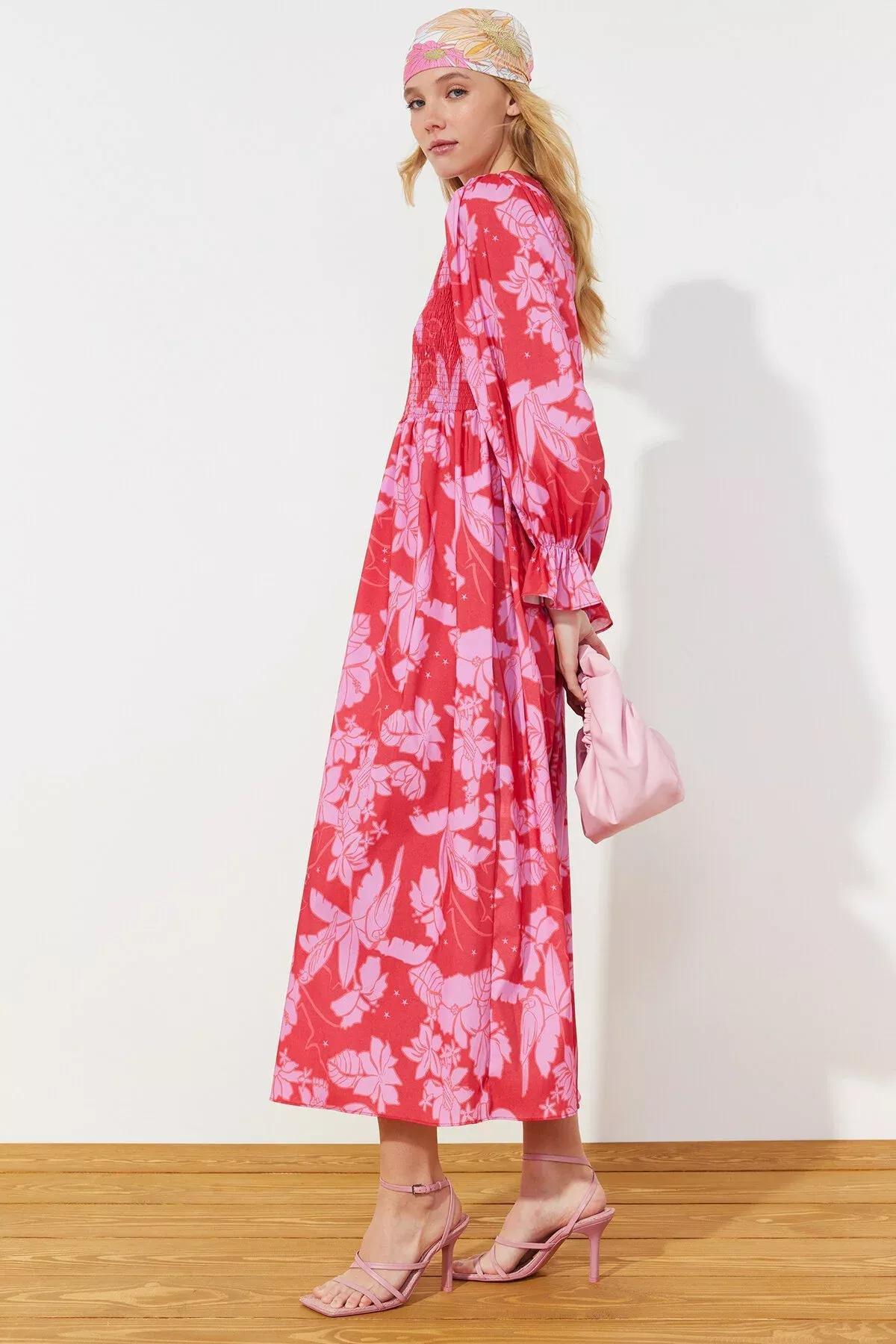 Red Floral Printed Size Gimped Woven Dress, Red, medium