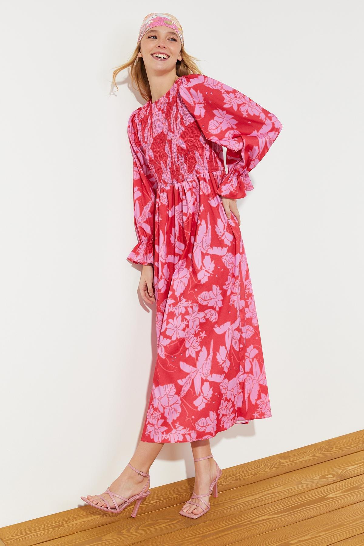 Red Floral Printed Size Gimped Woven Dress, , large image number 3