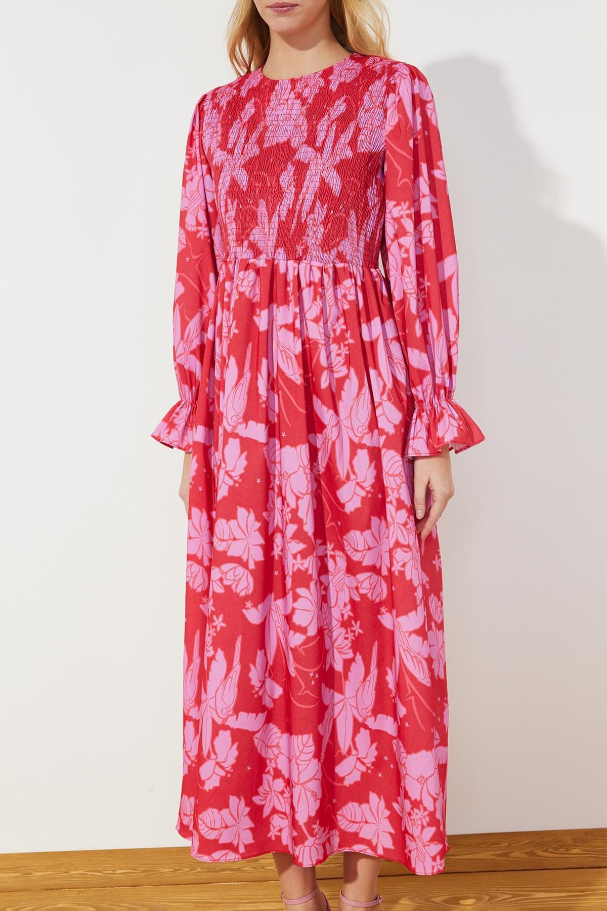 Red Floral Printed Size Gimped Woven Dress, , large image number 4