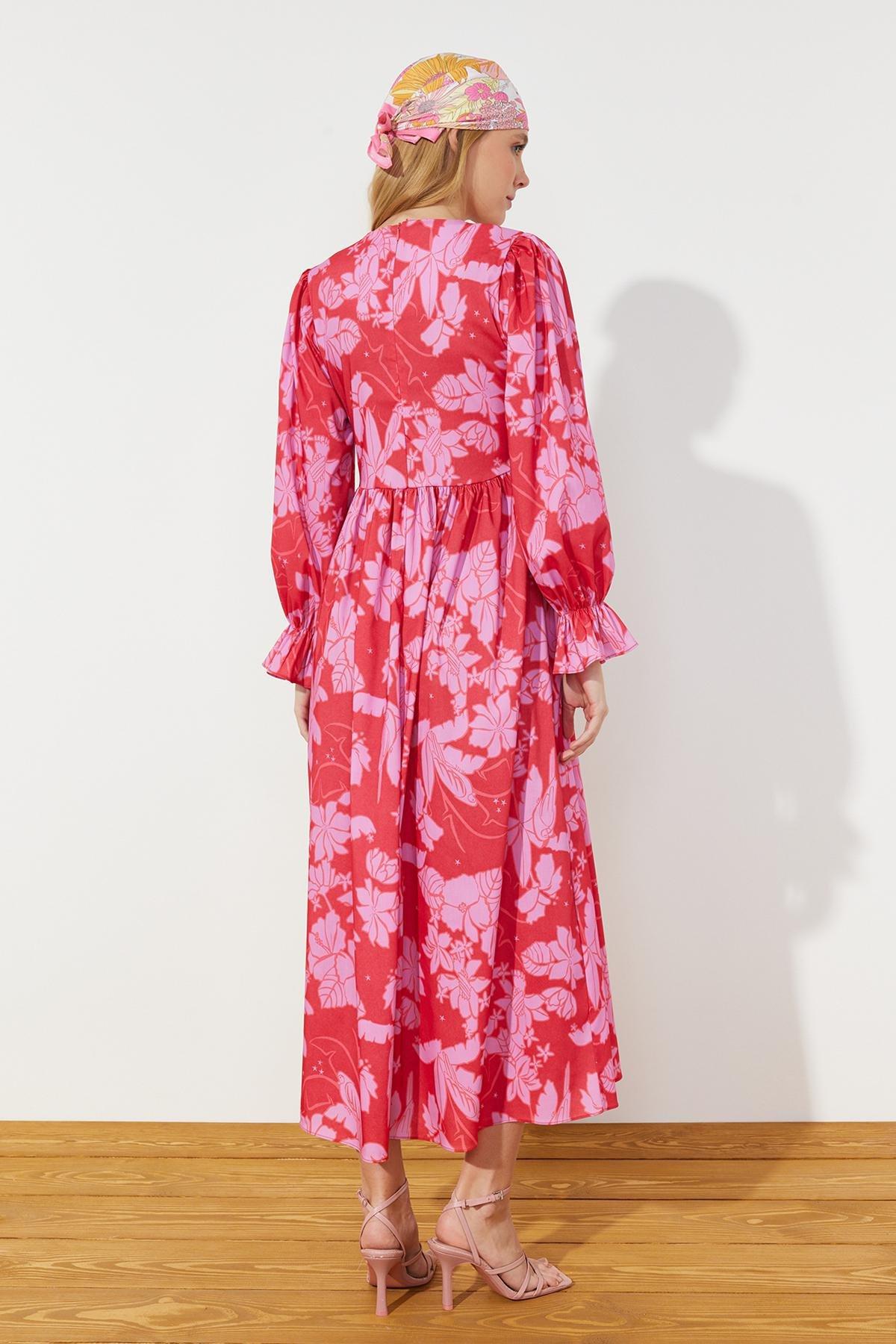 Red Floral Printed Size Gimped Woven Dress, , large image number 5