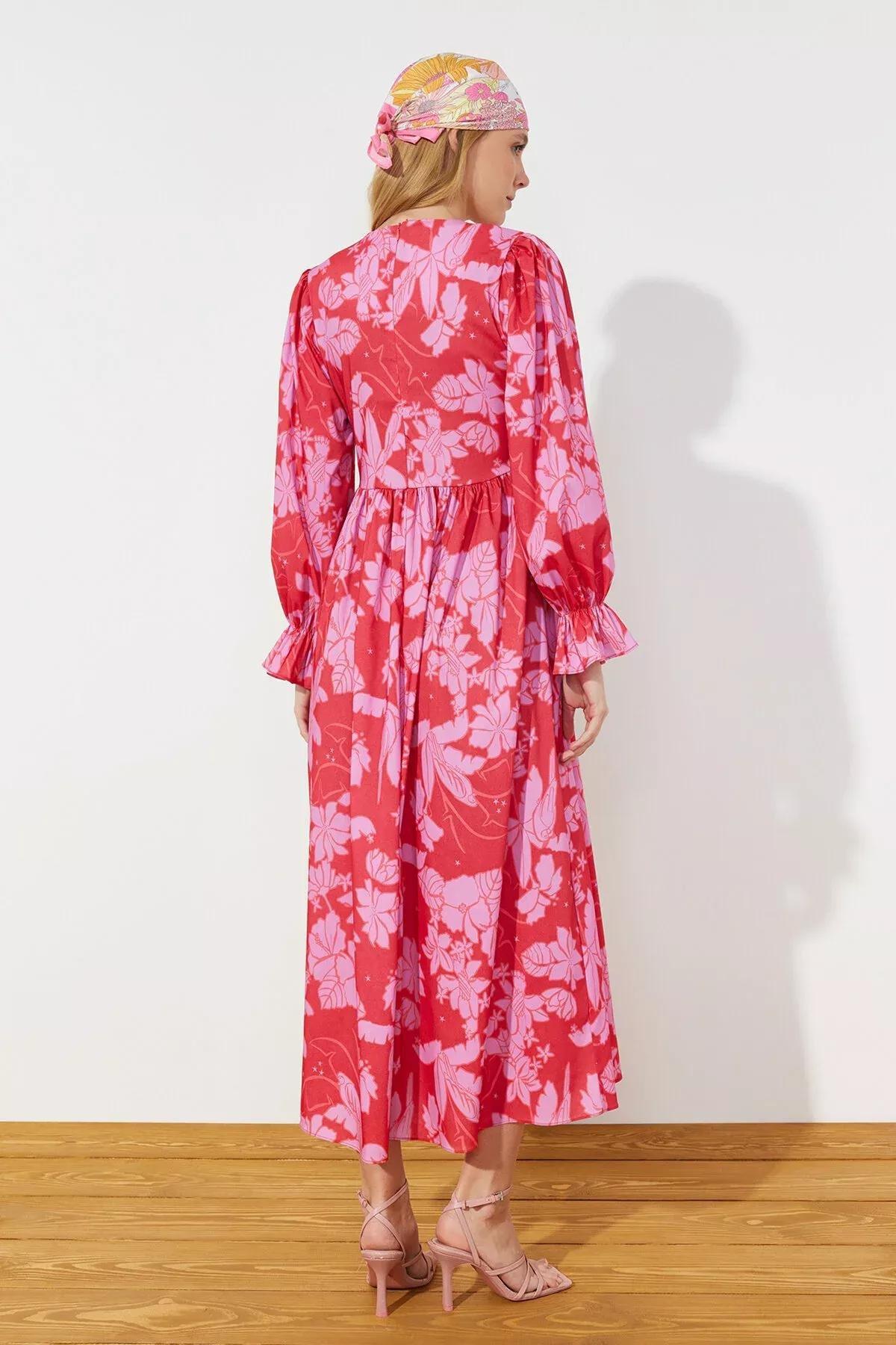 Red Floral Printed Size Gimped Woven Dress, Red, large image number 5