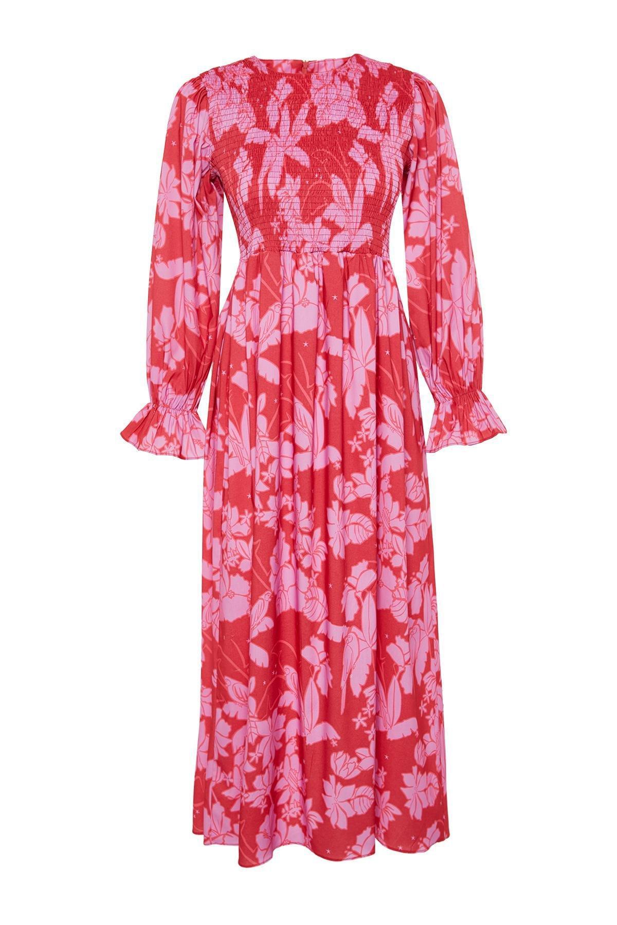 Red Floral Printed Size Gimped Woven Dress, , large image number 6