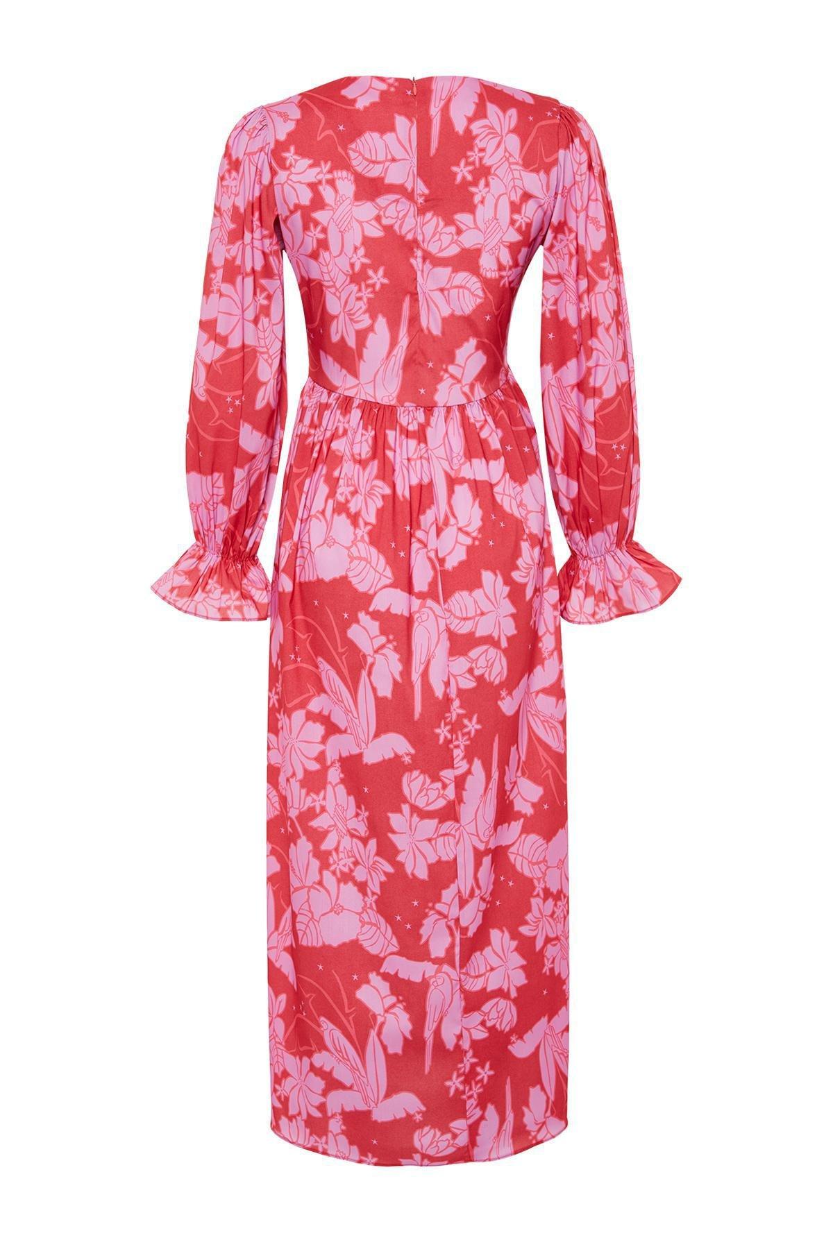 Red Floral Printed Size Gimped Woven Dress, , large image number 7