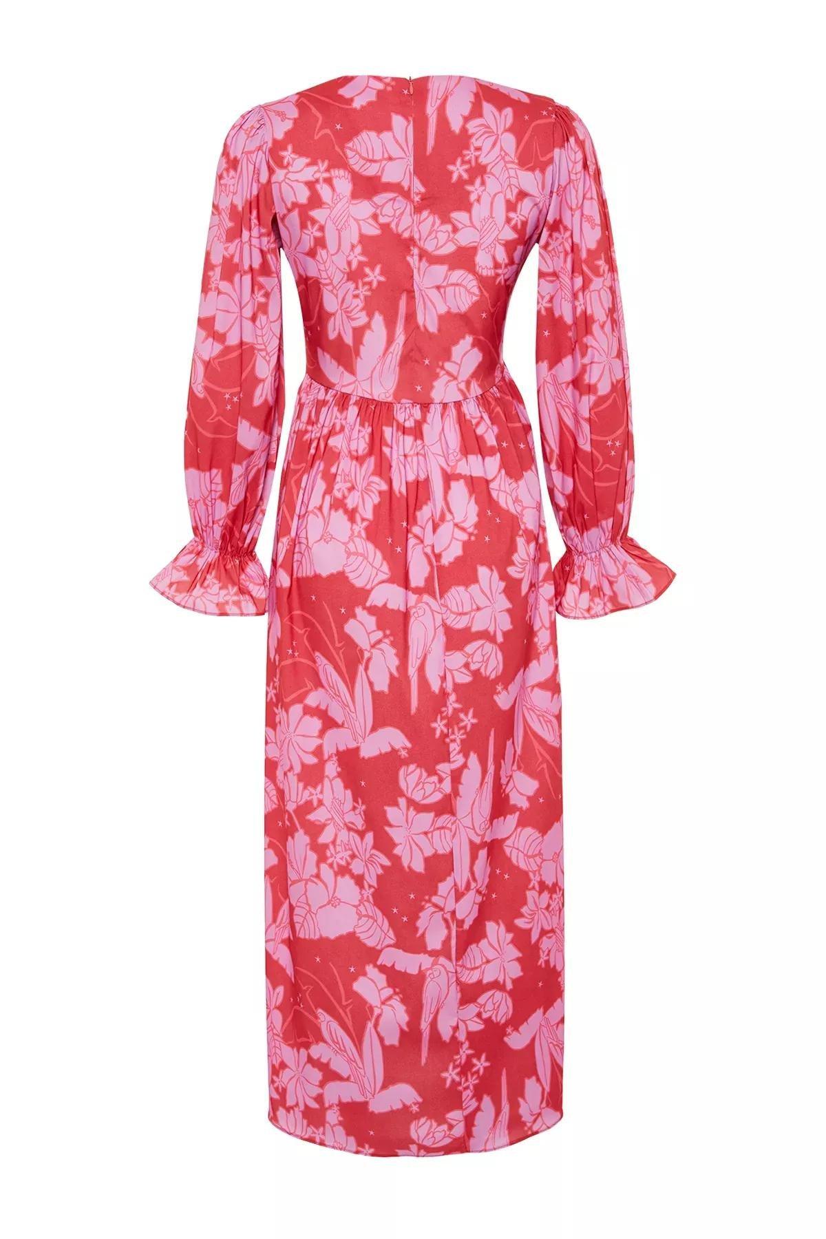 Red Floral Printed Size Gimped Woven Dress, Red, large image number 7