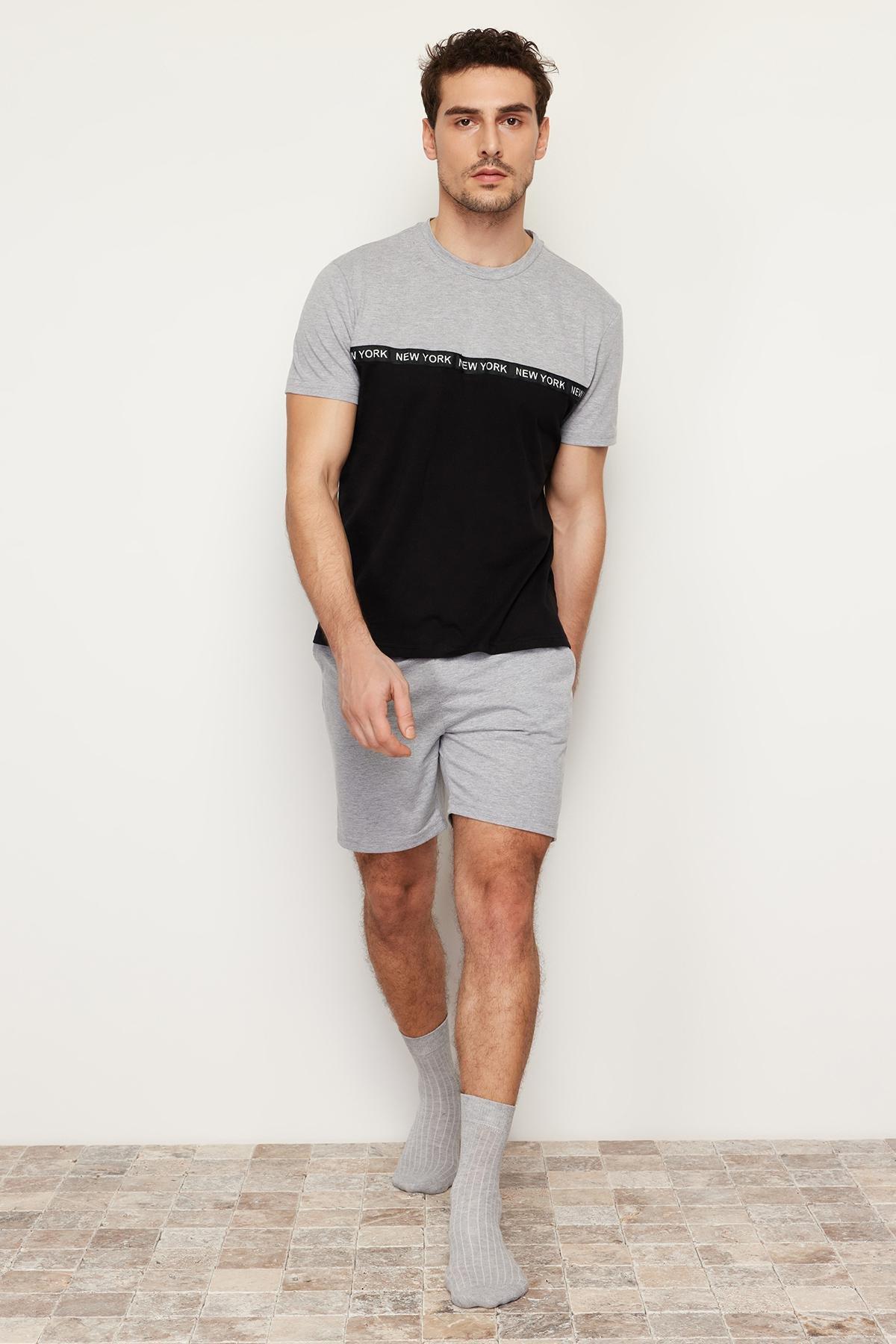 Grey Colourblock Elastic Waist Short Pajamas Set, , large image number 0