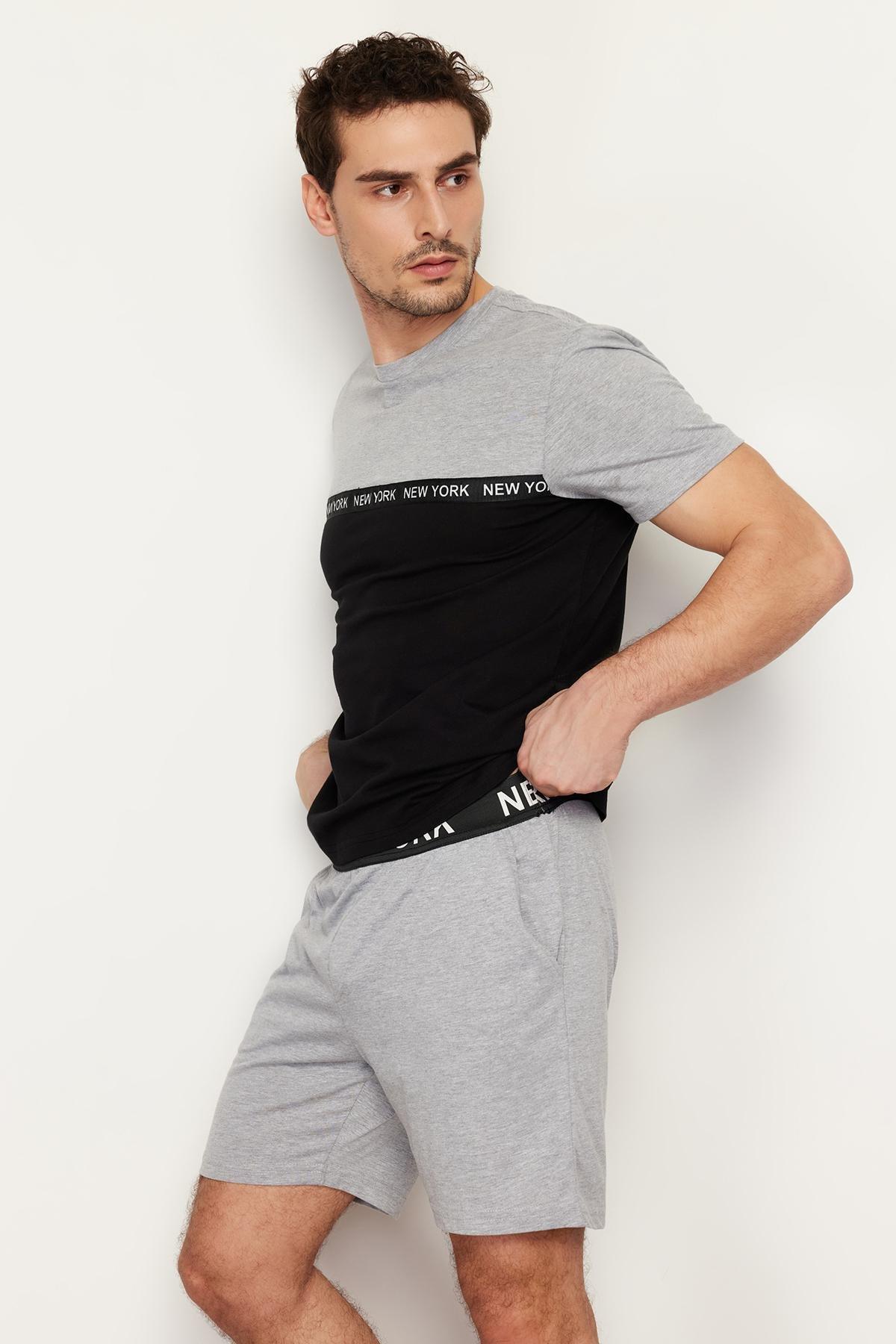 Grey Colourblock Elastic Waist Short Pajamas Set, , large image number 1