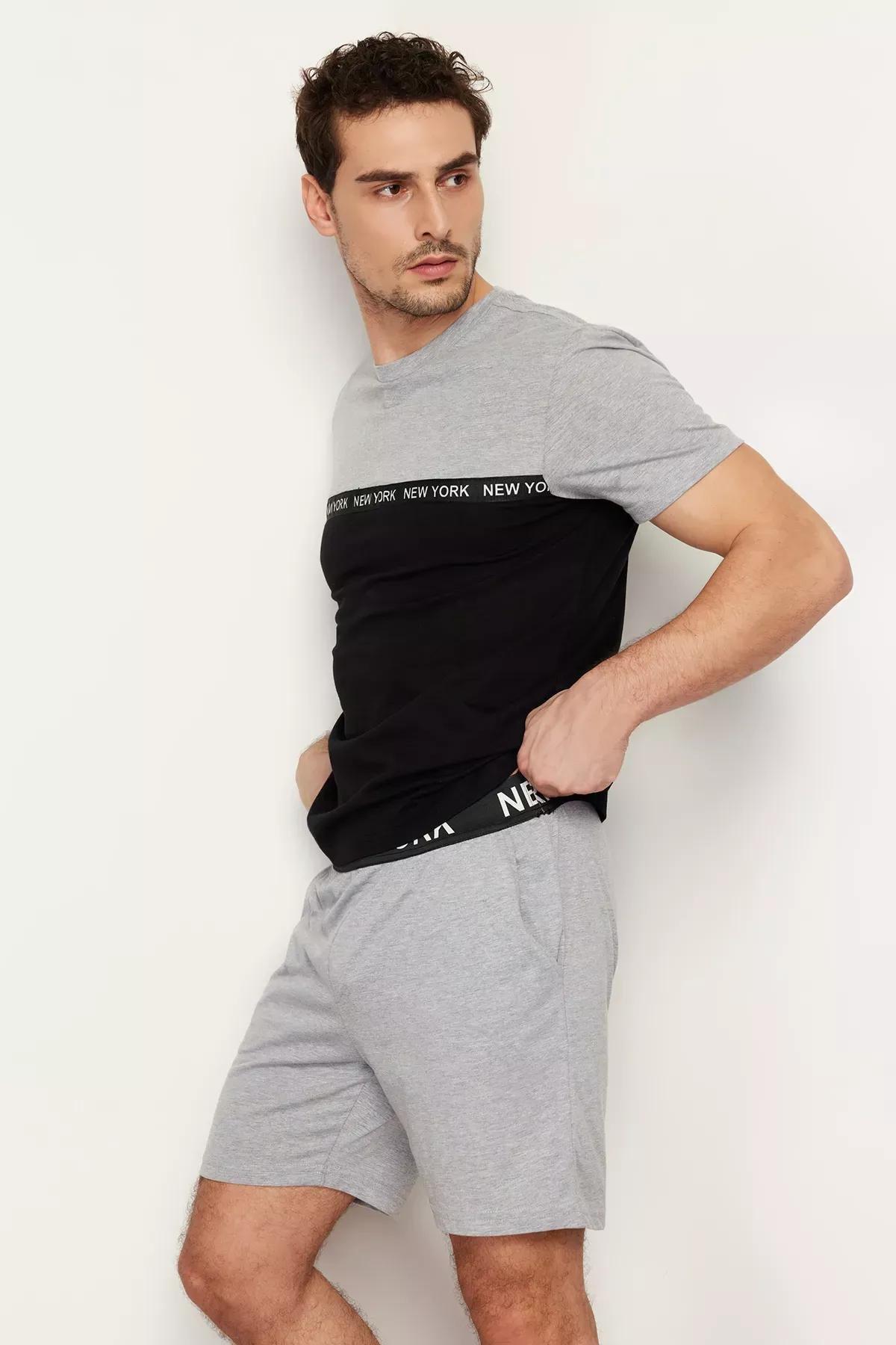 Grey Colourblock Elastic Waist Short Pajamas Set, C101_1653, large image number 1