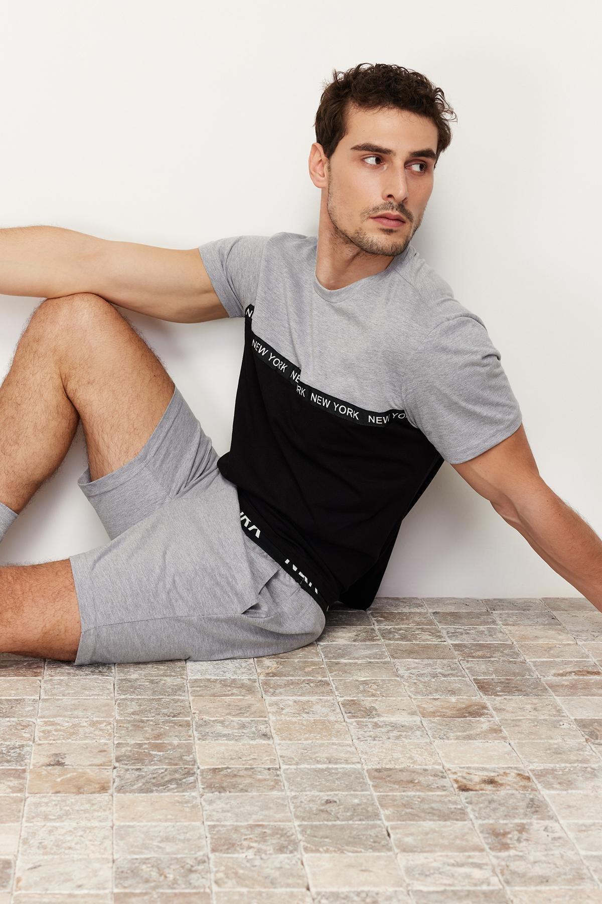 Trendyol - Grey Colourblock Elastic Waist Short Pajamas Set