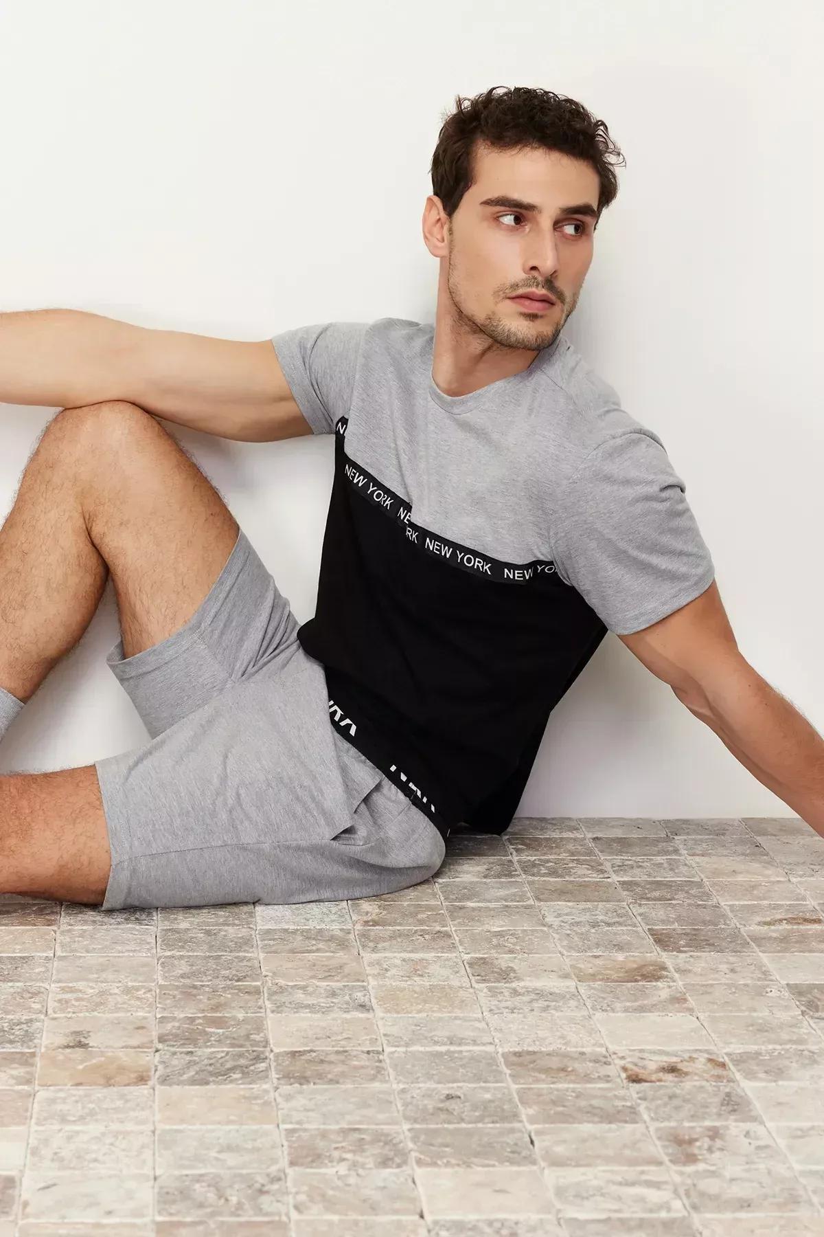 Grey Colourblock Elastic Waist Short Pajamas Set, C101_1653, large image number 2