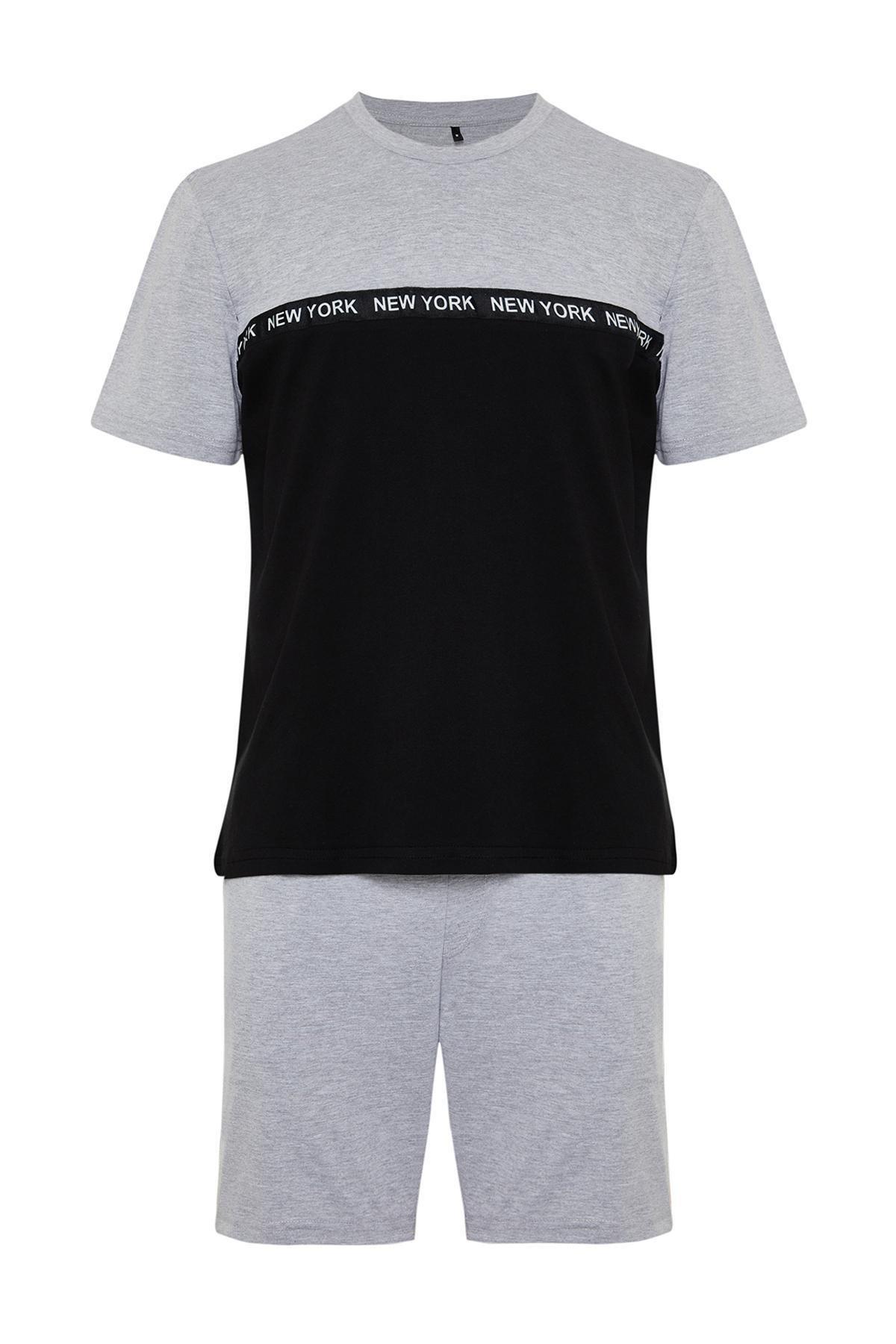 Grey Colourblock Elastic Waist Short Pajamas Set, , large image number 5