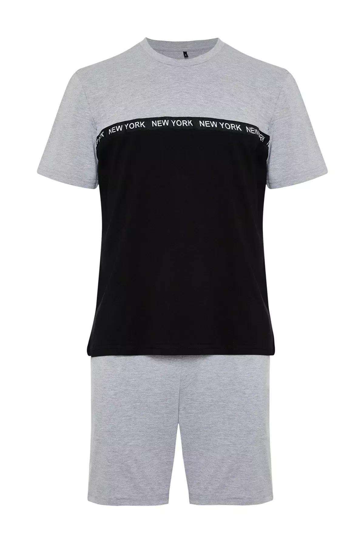 Grey Colourblock Elastic Waist Short Pajamas Set, C101_1653, large image number 5