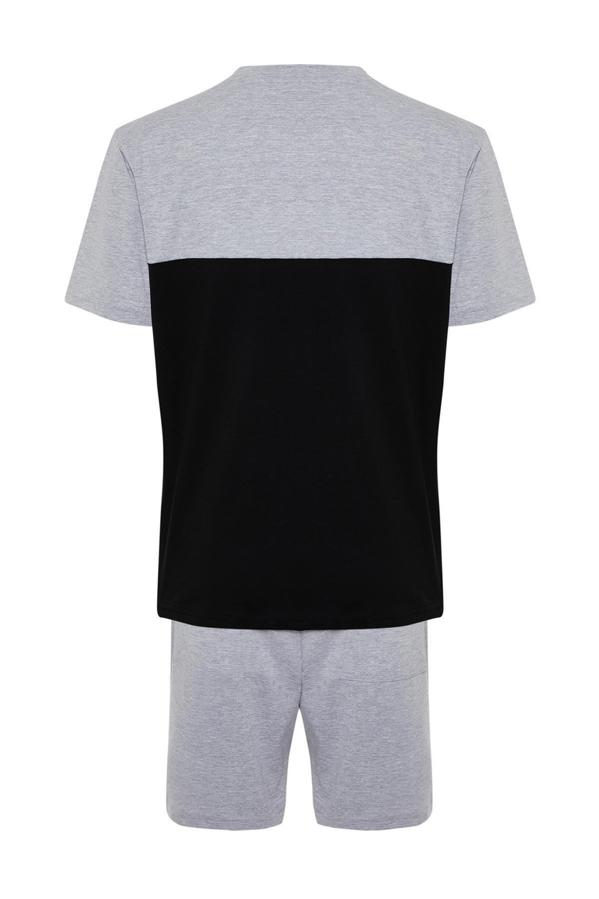 Grey Colourblock Elastic Waist Short Pajamas Set, , large image number 6