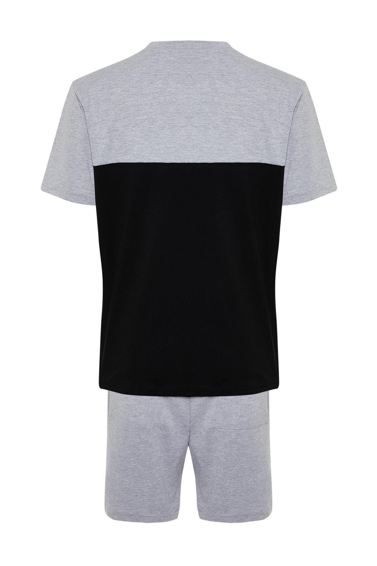 Trendyol - Grey Colourblock Elastic Waist Short Pajamas Set