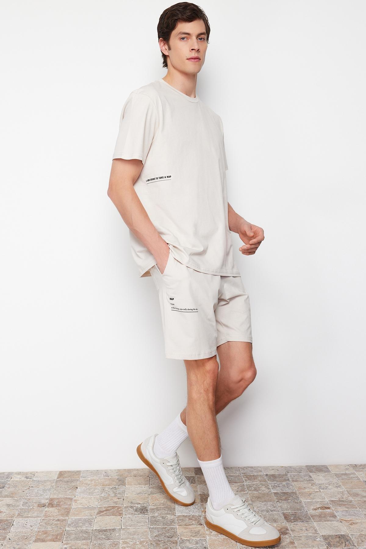 Trendyol - Beige Motto Printed Knitted Pajamas Set