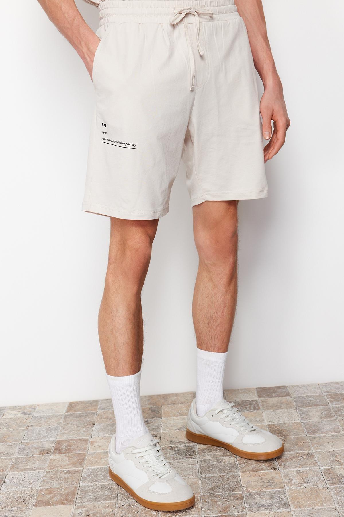 Trendyol - Beige Motto Printed Knitted Pajamas Set