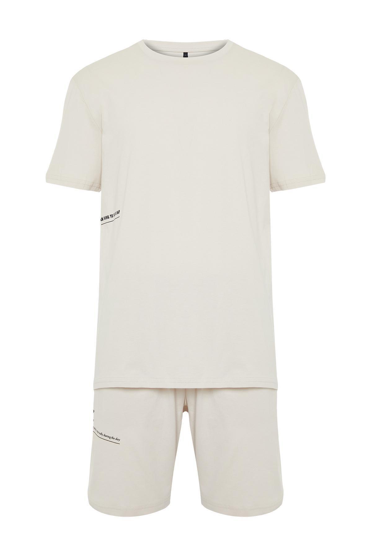 Beige Motto Printed Knitted Pajamas Set, , large image number 5