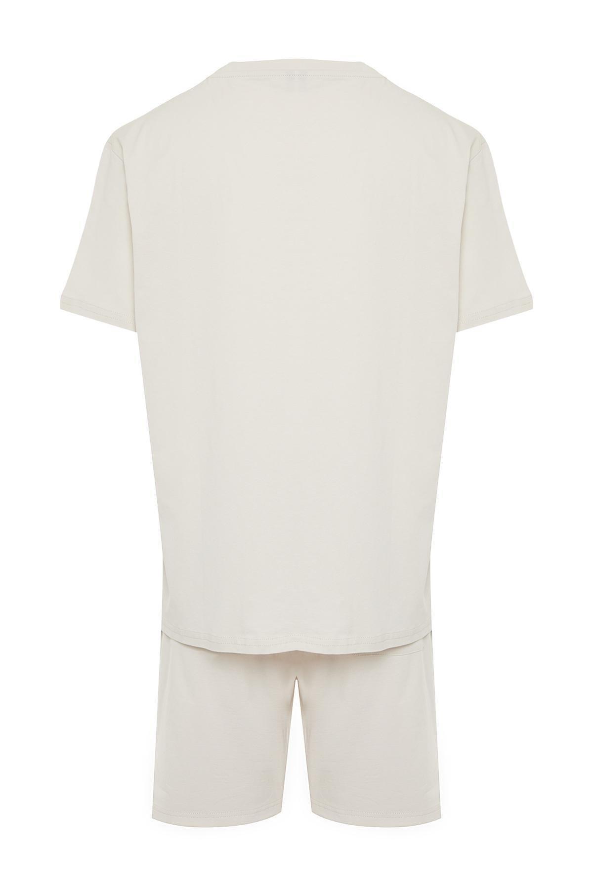 Beige Motto Printed Knitted Pajamas Set, , large image number 6