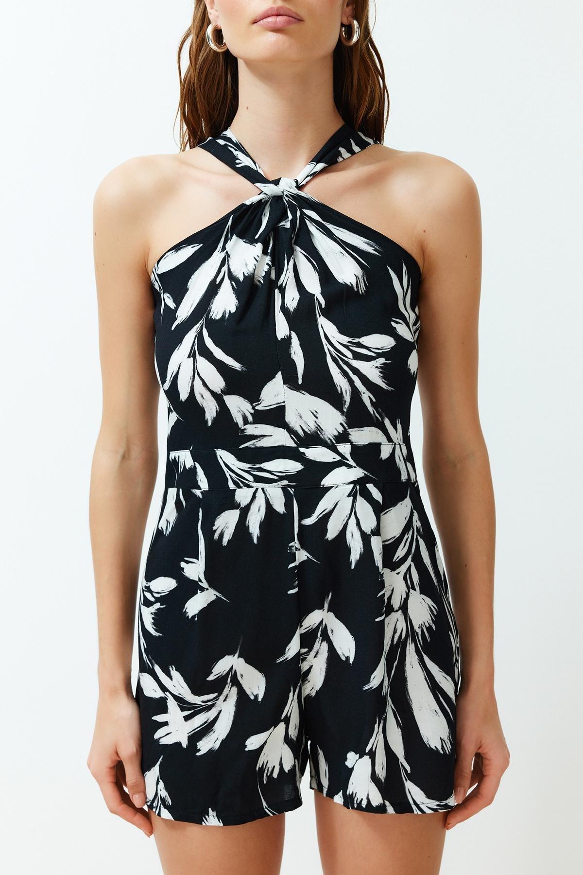 Black Floral Patterned Collar Knot Detailed Viscose Mini Woven Jumpsuit TWOSS24TU00025, , large image number 2