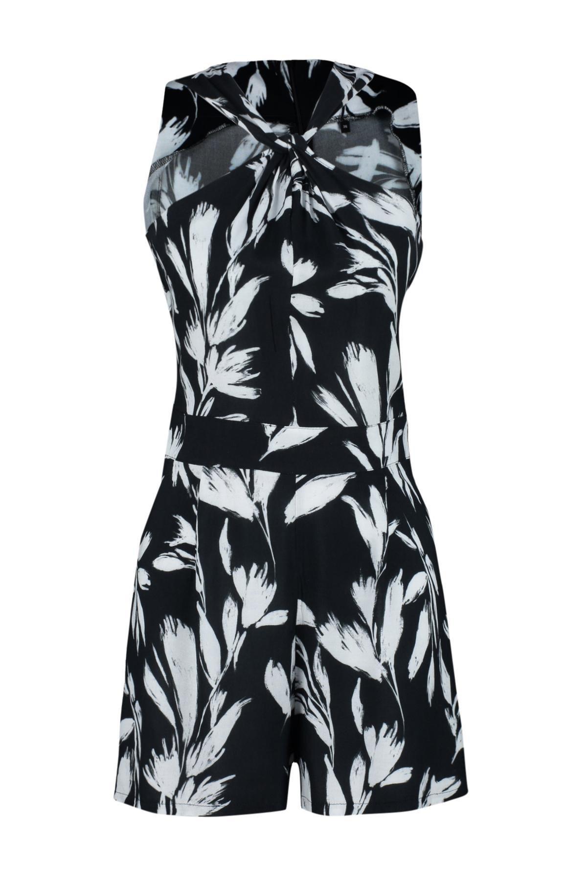 Black Floral Patterned Collar Knot Detailed Viscose Mini Woven Jumpsuit TWOSS24TU00025, , large image number 4