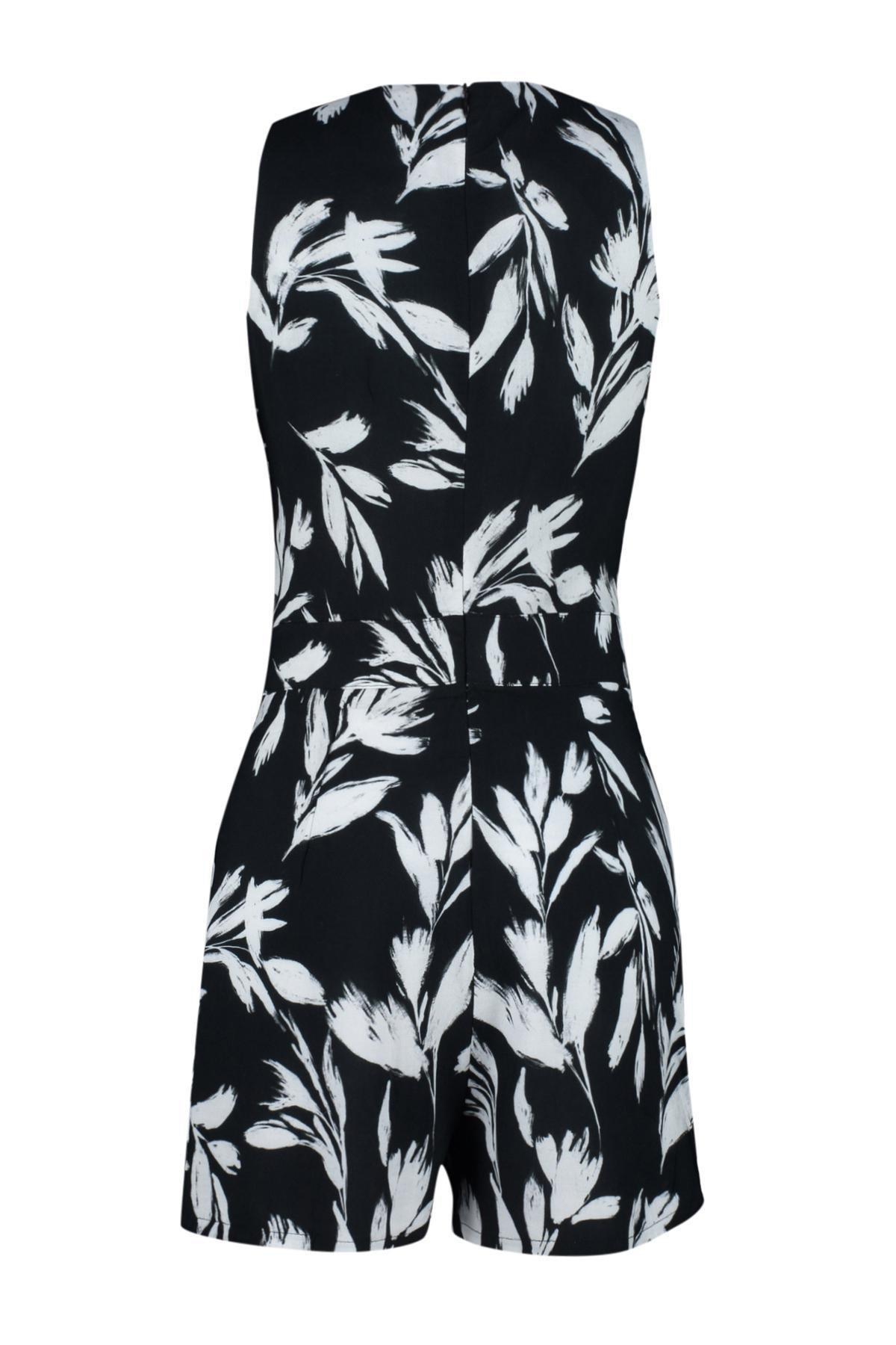 Black Floral Patterned Collar Knot Detailed Viscose Mini Woven Jumpsuit TWOSS24TU00025, , large image number 5