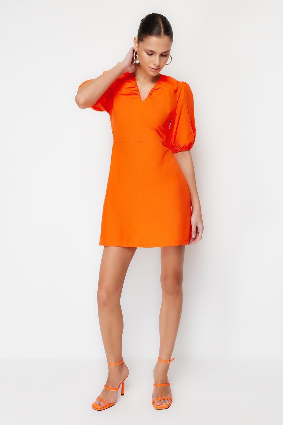 Orange Woven Poplin V-Neck Gathered Dress, , large image number 1
