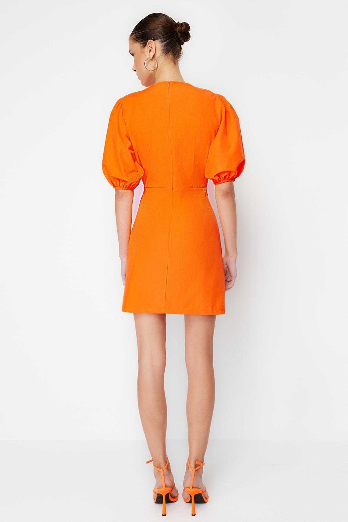 Orange Woven Poplin V-Neck Gathered Dress, , large image number 2