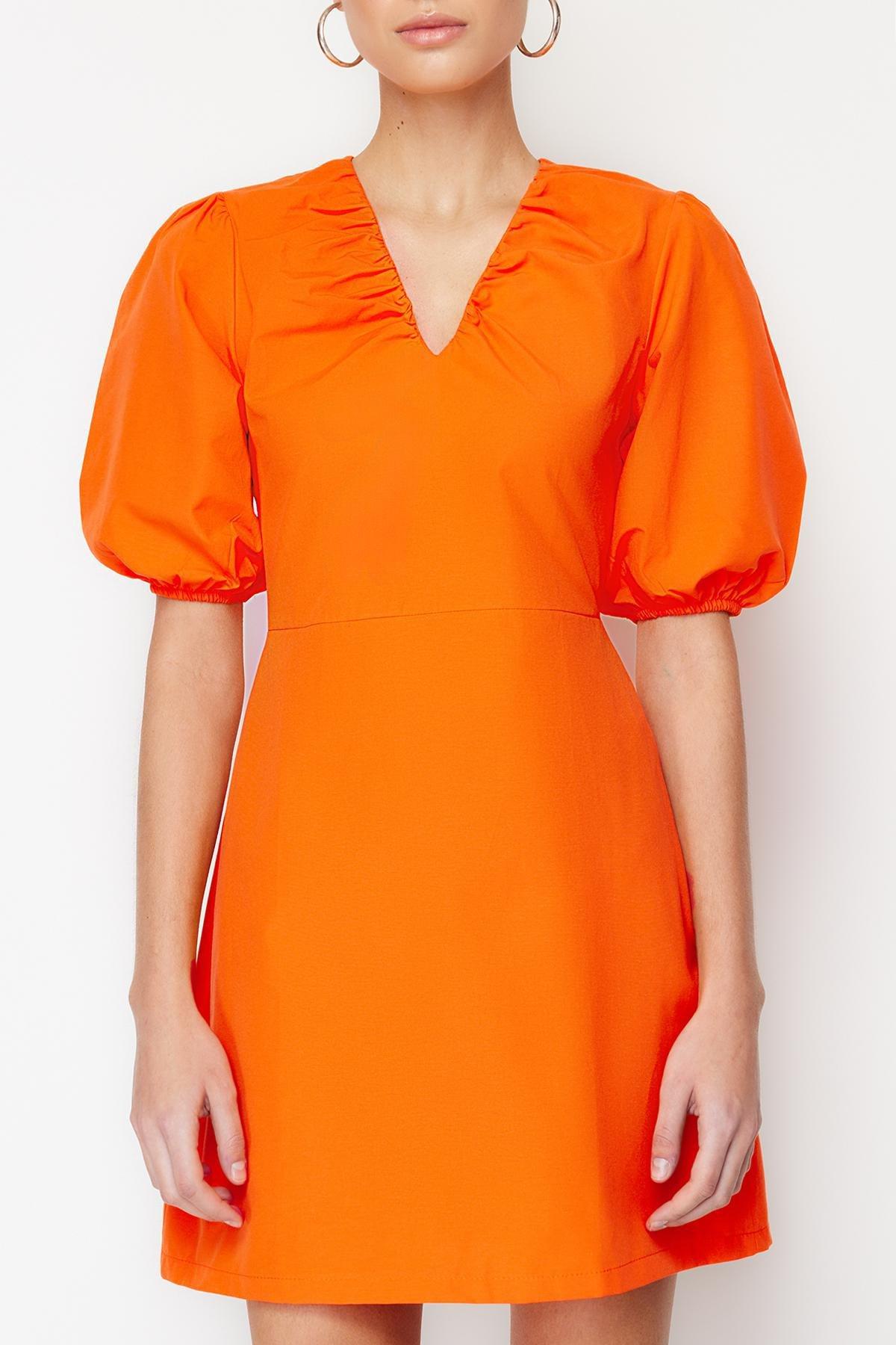 Orange Woven Poplin V-Neck Gathered Dress, , large image number 3