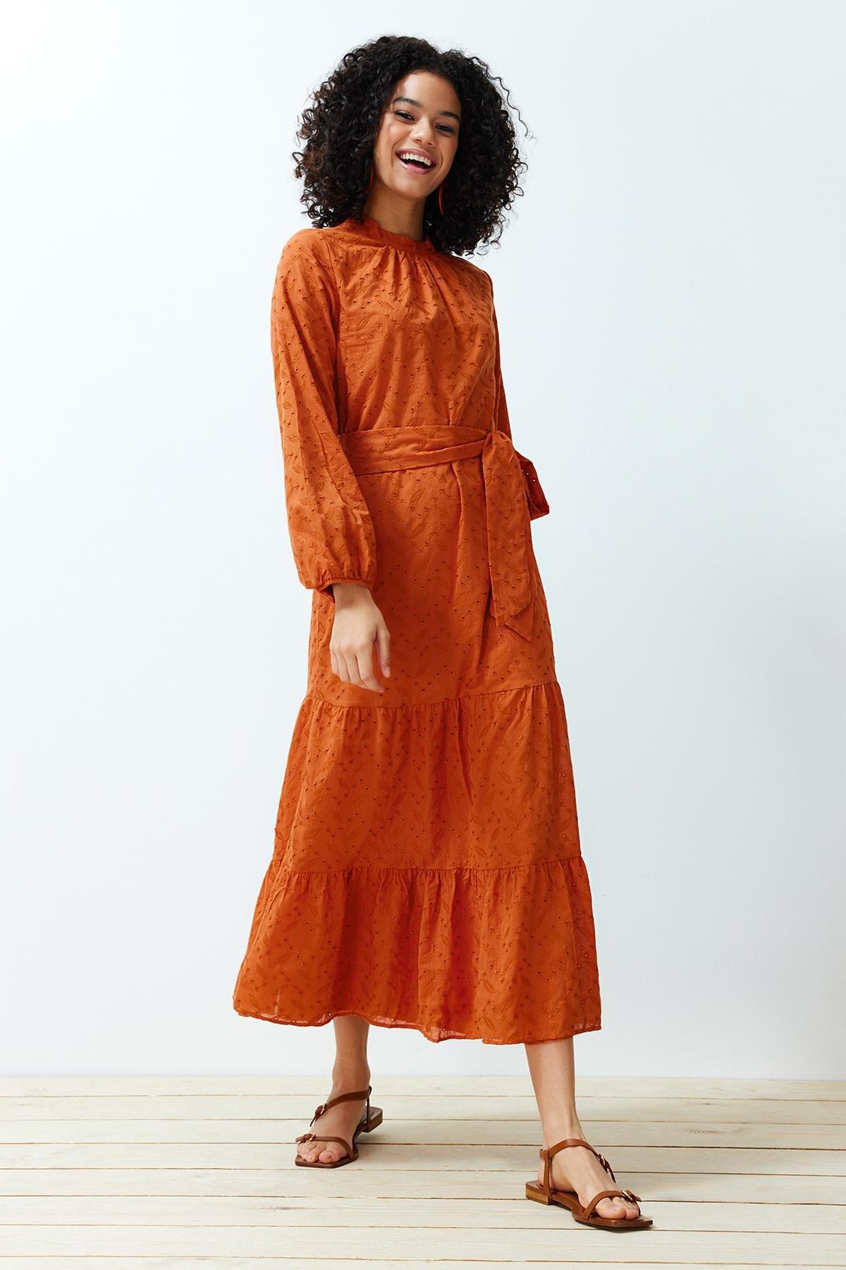 Orange High Neck Laced Lined Dress, Cinnamon, large image number 0