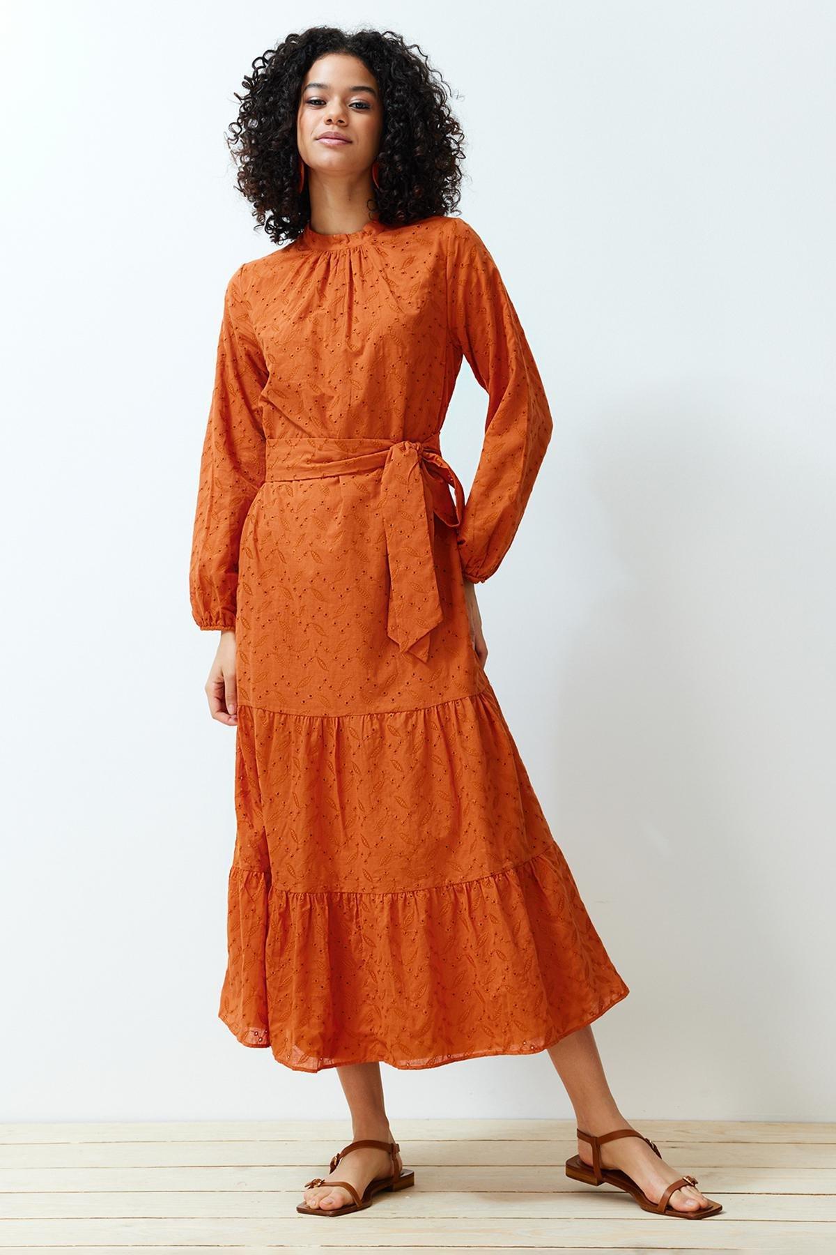 Orange High Neck Laced Lined Dress, Cinnamon, large image number 2