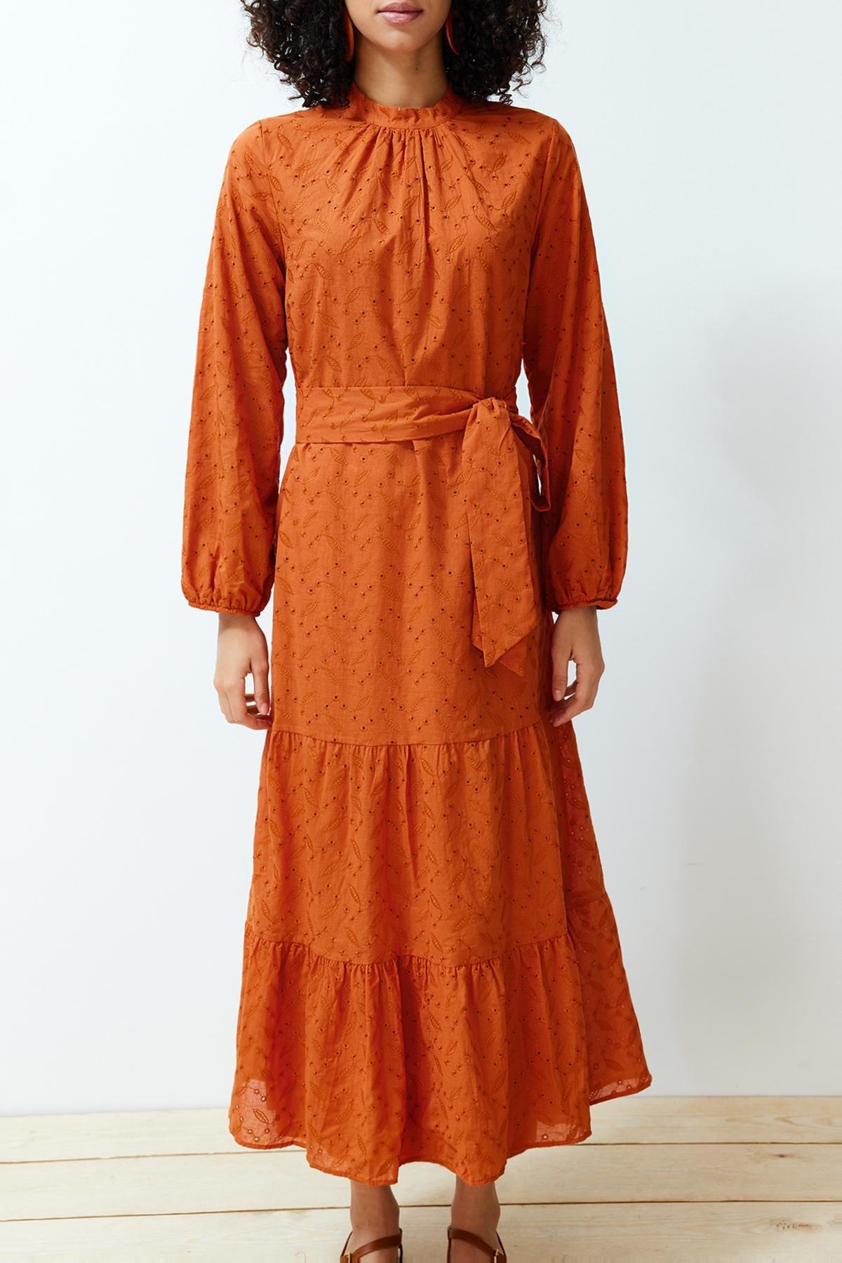 Orange High Neck Laced Lined Dress, Cinnamon, large image number 3