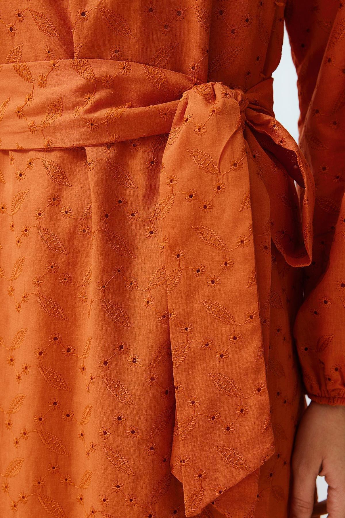 Orange High Neck Laced Lined Dress, Cinnamon, large image number 4