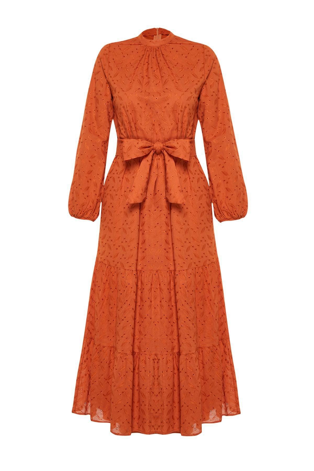 Orange High Neck Laced Lined Dress, Cinnamon, large image number 5