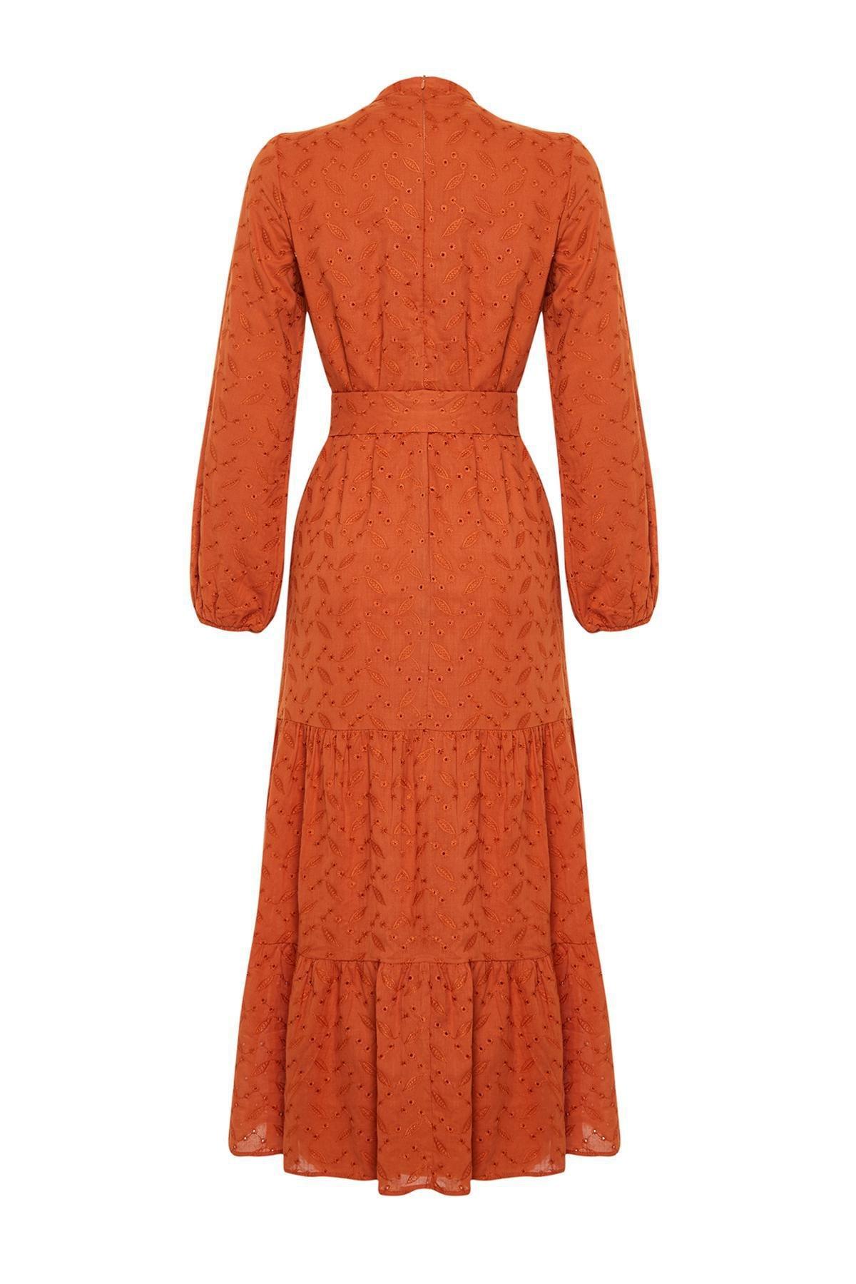 Orange High Neck Laced Lined Dress, Cinnamon, large image number 6