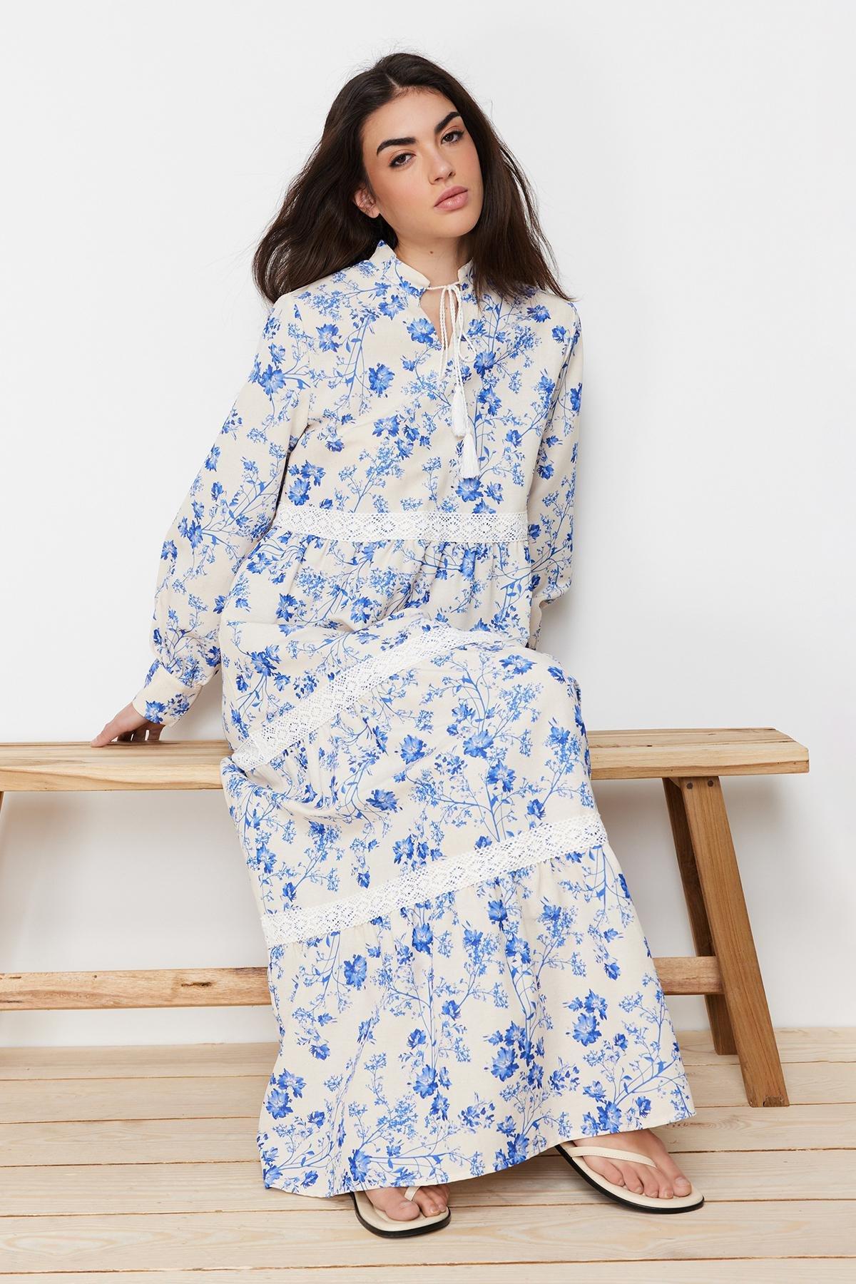 Multicolour Linen Floral Woven Dress, , medium